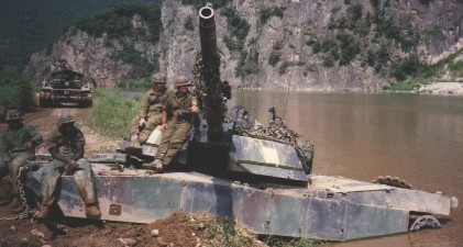 Flat Tank Friday - M1IP Abrams looks pretty flat when sunken in muddy and water of the Hantong River just north of Camp Casey, Korea in 1990/91!  Courtesy of 1st Tank, 1/72nd AR, 2ID!  #2id #abrams #flattankfriday #tanks #armor #ilovetanks #tanklover #1990s