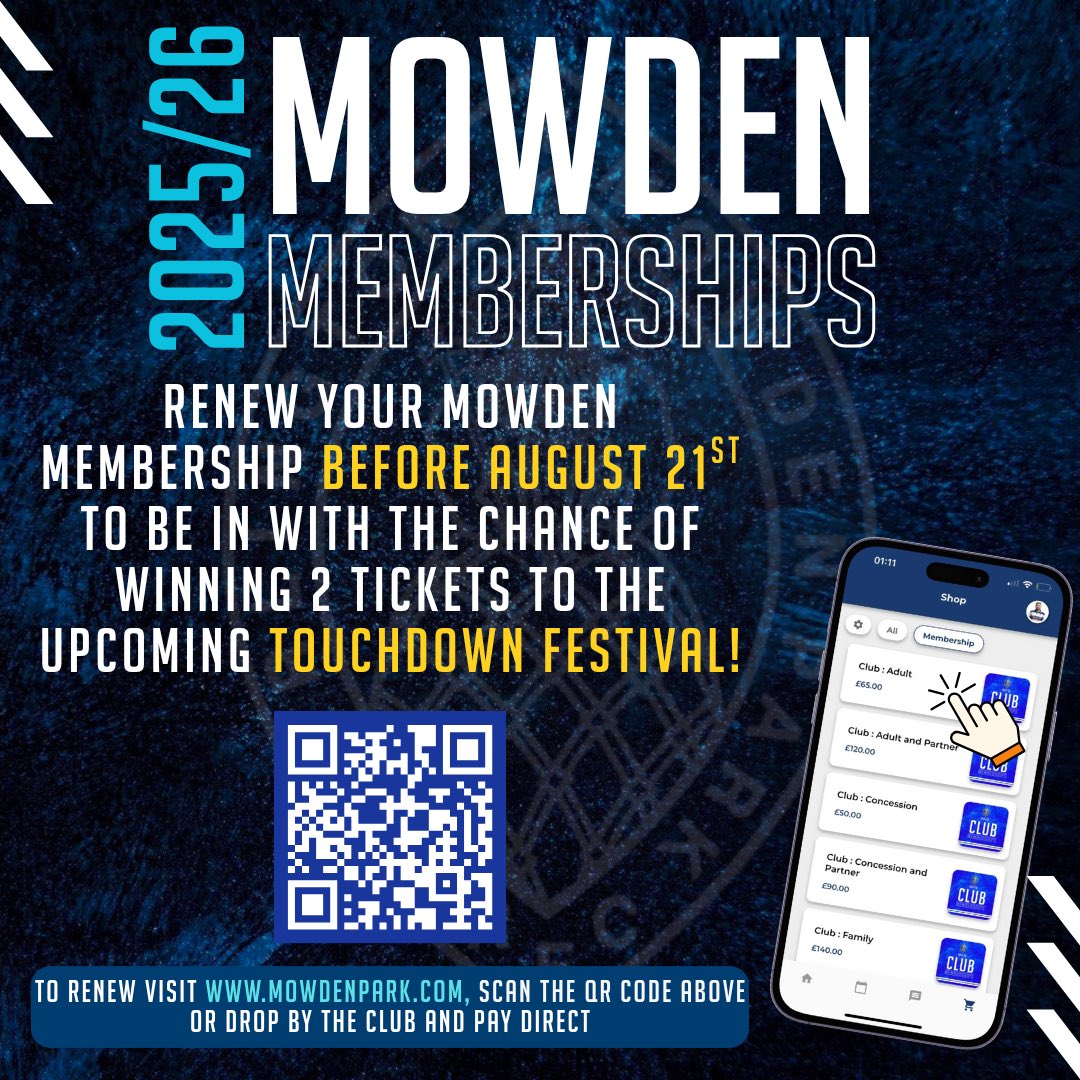 🚨 Membership + Free Festival Tickets🚨

🏉Have you renewed your membership or better still why not become a new member of Mowden Park

🎫 We’re giving away 5 sets of tickets to Touchdown Festival 2025 if you purchase your membership on or before 21st August!

#MowdenFamily