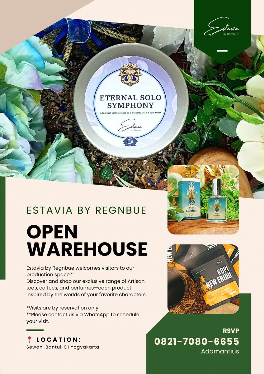 Untuk pertama kalinya, Estavia by Regnbue open warehouse untuk publik.

Kamu bisa datang langsung ke warehouse kami untuk mencium aroma, mencicipi rasa, dan membeli produk-produk eksklusif yang tidak selalu tersedia secara online.

Ditunggu khilafnya nanti!
- Estavia
