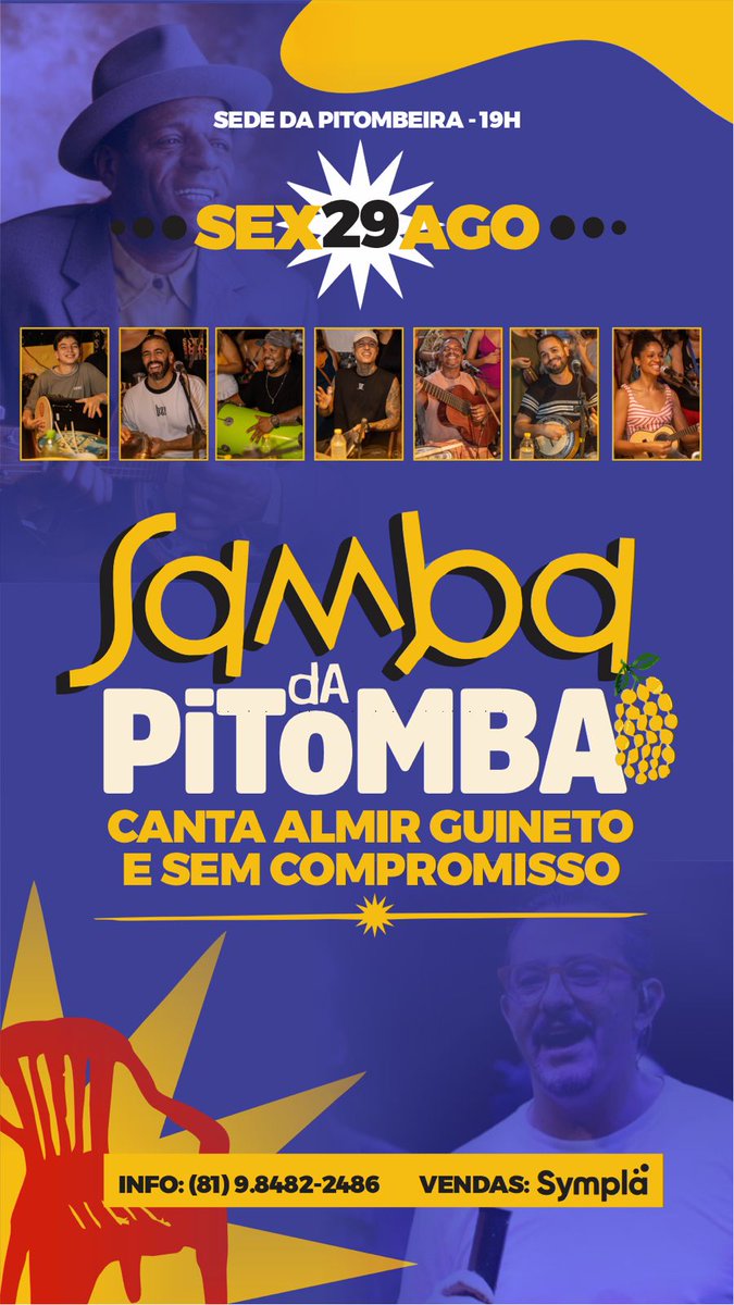 sambadapitomba's tweet image. 🚨 Novidade boa!
Os ingressos do Samba da Pitomba pro dia 8 já esgotaram...E como vocês pediram, a gente atendeu! ❤️
Vai rolar EDIÇÃO EXTRA:
📅 29 de agosto (sexta-feira)
🎤 Samba da Pitomba canta Almir Guineto &amp;amp; Sem Compromisso
Garanta seu ingresso agora: sympla.com.br/event__3052827