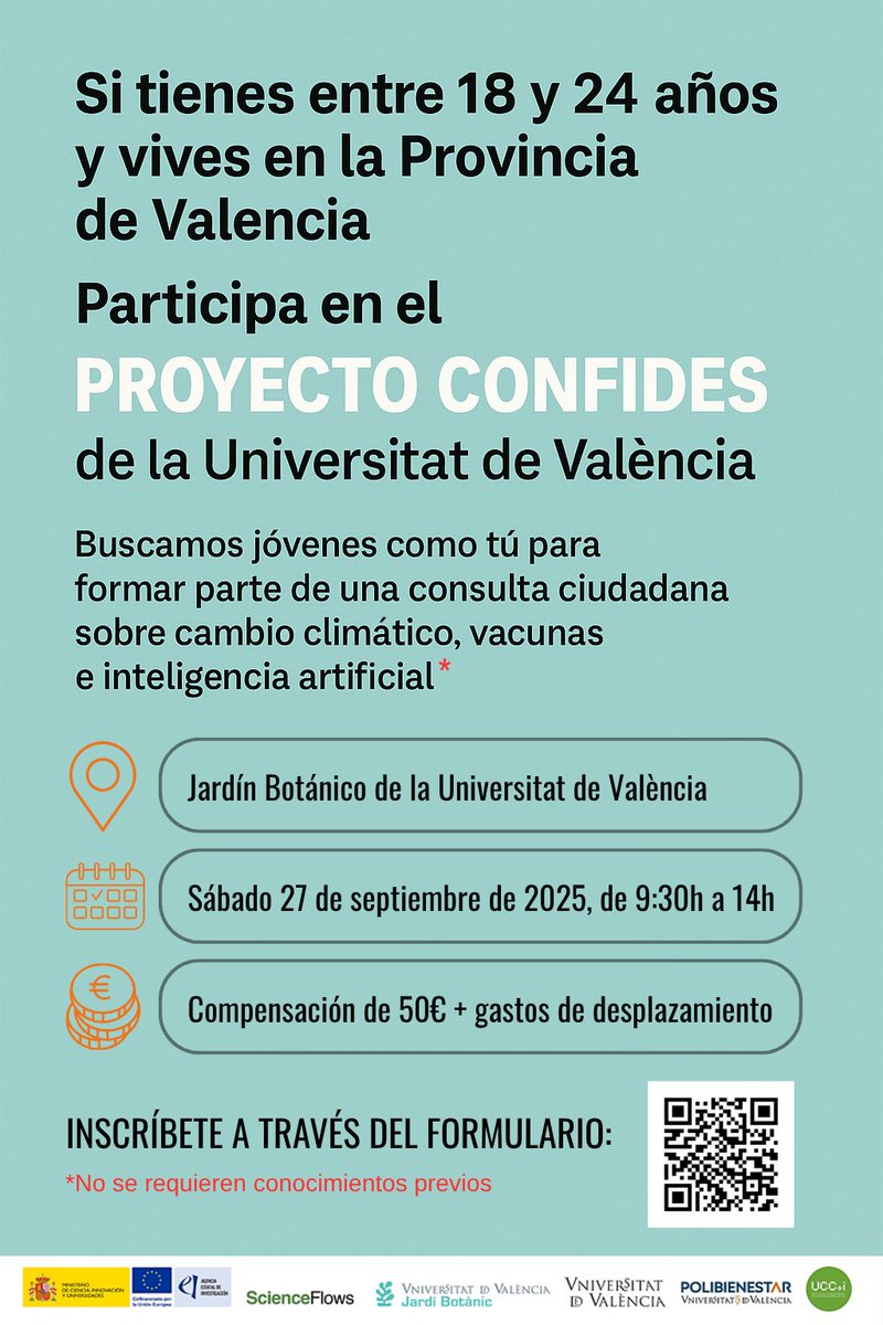 ScienceFlows (@scienceflows) on Twitter photo ¿Tienes entre 18 y 24 años y vives en la provincia de Valencia?
Participa en un estudio de la <a href="/UV_EG/">Universitat València</a> sobre percepción del cambio climático, vacunas e IA.
📍 <a href="/JardiBotanicUV/">Jardí Botànic UV</a>
🗓️ 27/09/2025, 9:30-14h
💶 Llévate 50€ + reembolso de desplazamiento
Inscríbete: encuestas.uv.es/index.php/9173… ¿Tienes entre 18 y 24 años y vives en la provincia de Valencia?
Participa en un estudio de la <a href="/UV_EG/">Universitat València</a> sobre percepción del cambio climático, vacunas e IA.
📍 <a href="/JardiBotanicUV/">Jardí Botànic UV</a>
🗓️ 27/09/2025, 9:30-14h
💶 Llévate 50€ + reembolso de desplazamiento
Inscríbete: encuestas.uv.es/index.php/9173…