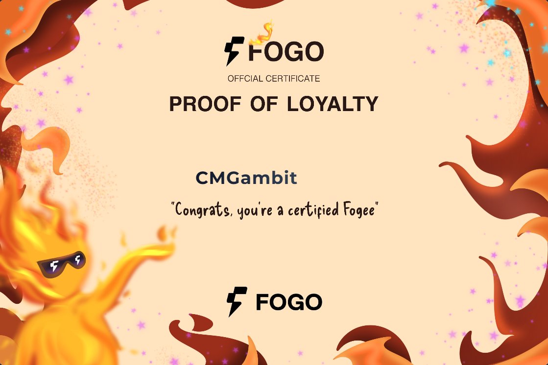 Gfogo, fogees🔥

I built another website today: 
fogo-certi.onrender.com

Wanna be certified as a true fogee? 
Just head over, enter your name along with the pledge “Gfogo, I pledge loyal to fogo” and you’ll get a certificate with your name on it, just like the example below.