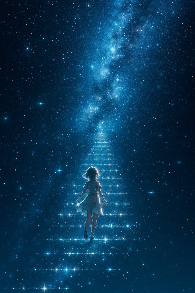Sorarai_tenrai's tweet image. 『The Lone Pilgrim』

Up the cosmic staircase, she walks into the unknown.
With every stride, the darkness fades and her dreams grow brighter.

#AIart #AIstory #fantasy