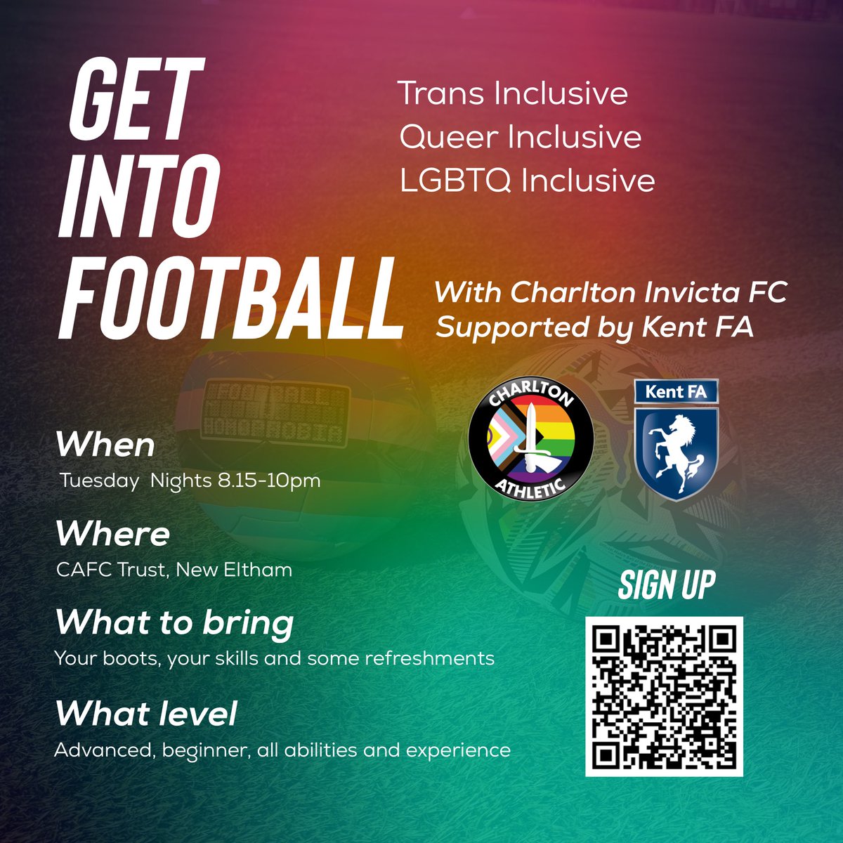 Colin (@coling1956) on Twitter photo Are you LGBTQ+? And looking to get into football for the first time or back playing football?
<a href="/CharltonInvicta/">Charlton Invicta FC</a> run 3 teams in #LGBTQ+ inclusive leagues and always welcome new players.
Send a message or join us as training on Tuesday Nights.
<a href="/CharltonEDI/">Equality, Diversity & Inclusion</a> | #cafc Are you LGBTQ+? And looking to get into football for the first time or back playing football?
<a href="/CharltonInvicta/">Charlton Invicta FC</a> run 3 teams in #LGBTQ+ inclusive leagues and always welcome new players.
Send a message or join us as training on Tuesday Nights.
<a href="/CharltonEDI/">Equality, Diversity & Inclusion</a> | #cafc