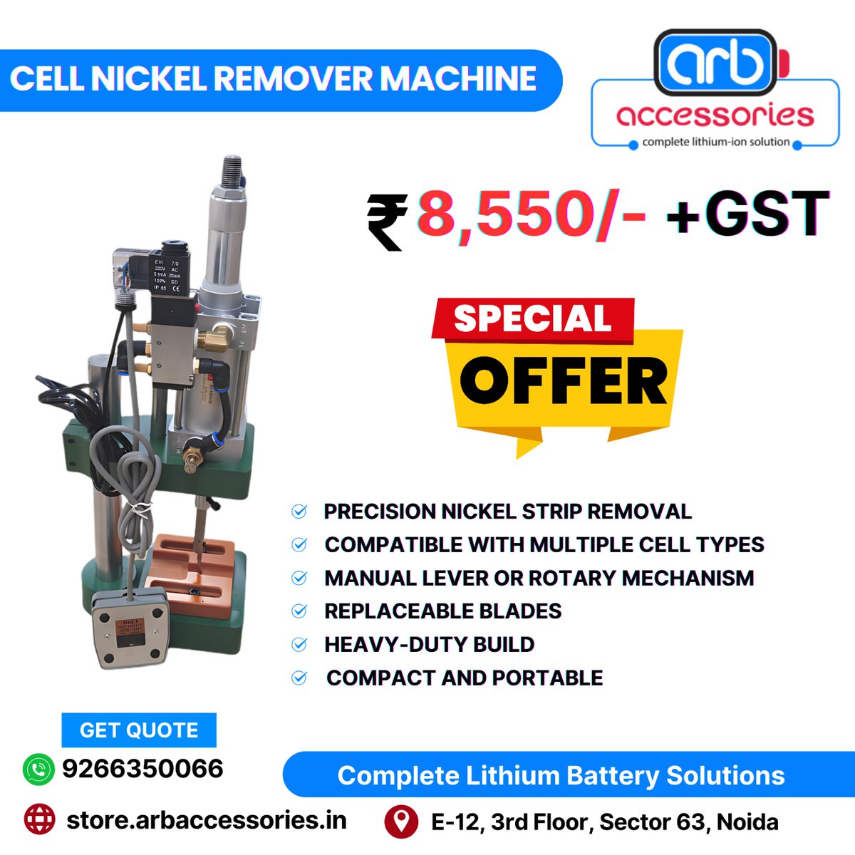 arb_ltd's tweet image. 🛠️ Cell Nickel Remover Machine + ⚡ Premium Nickel Strips
The ultimate toolkit for precision battery pack building and repair! 🔋

Build smarter. Weld stronger. 🔋✨

🛒 Buy Now 👉store.arbaccessories.in/product/cell-n…

#ARBaccessories  #BatteryTools #NickelStrip #PureNickel #PlatedNickel