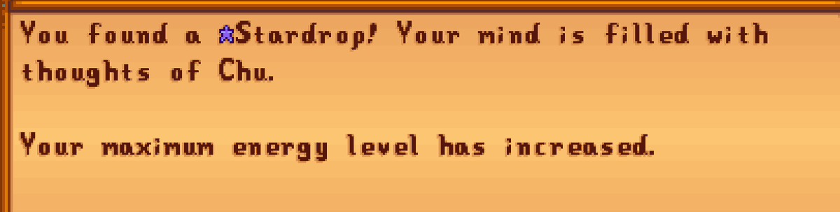CHUILYSM's tweet photo. Praying for Chu to comeback 47: NGL WHILE PLAYING STARDEW I PUT AS MY FAVORITE THING AS A JOKE AND I GOT A STARDROP AND IT SAYS THIS 😭 https://t.co/DeH6auVl7M