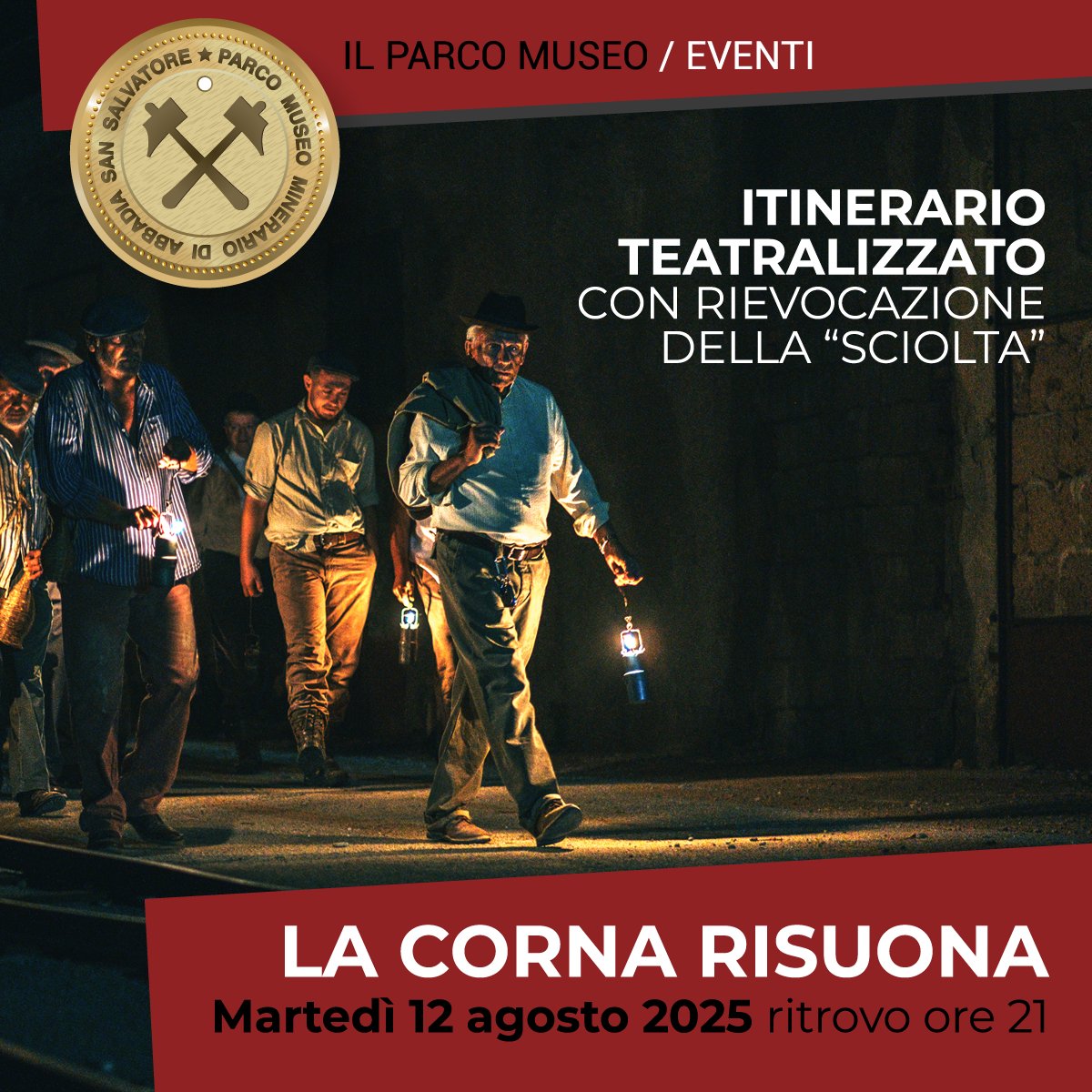 LA CORNA RISUONA
👉12 #Agosto
Itinerario teatralizzato nello stabilimento minerario di #Abbadia San Salvatore con rievocazione della “Sciolta”, la fine del turno di lavoro dei minatori
👉Costo € 10,00 a persona - Ritrovo ore 21.00 Biglietteria del #Museo Minerario

#miniera