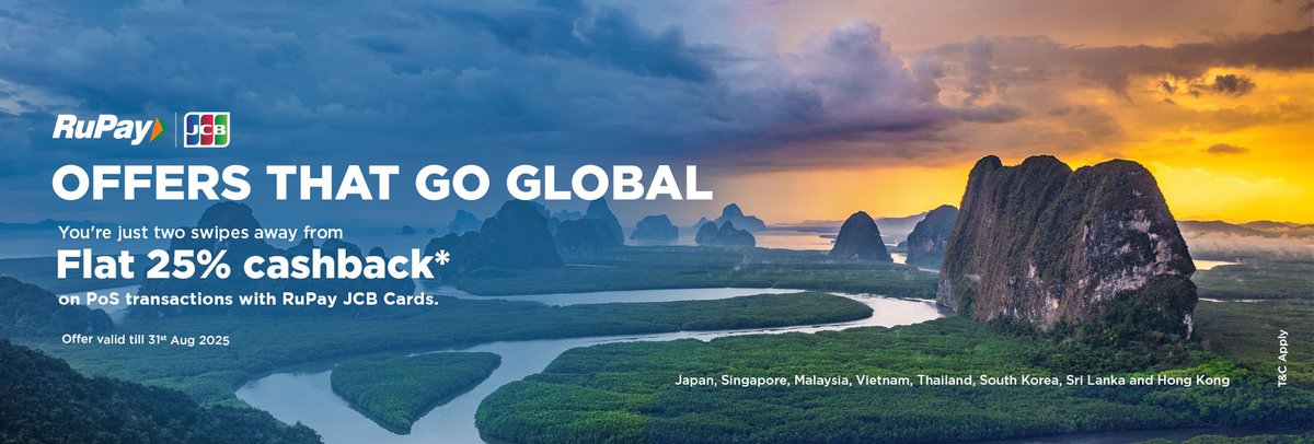 25% Cashback on PoS txns. with <a href="/RuPay_npci/">RuPay</a> JCB Cards

🗓️Valid till 31-08-2025
🌐Countries: Japan, Singapore, Malaysia, Vietnam, Thailand, South Korea, Sri Lanka &amp; HK
🫰No min. amount limit
💸Max. 1500/txn. &amp; 15K during offer
2⃣Offer activates after 2 intl. txns. #ccgeek #ccgeeks