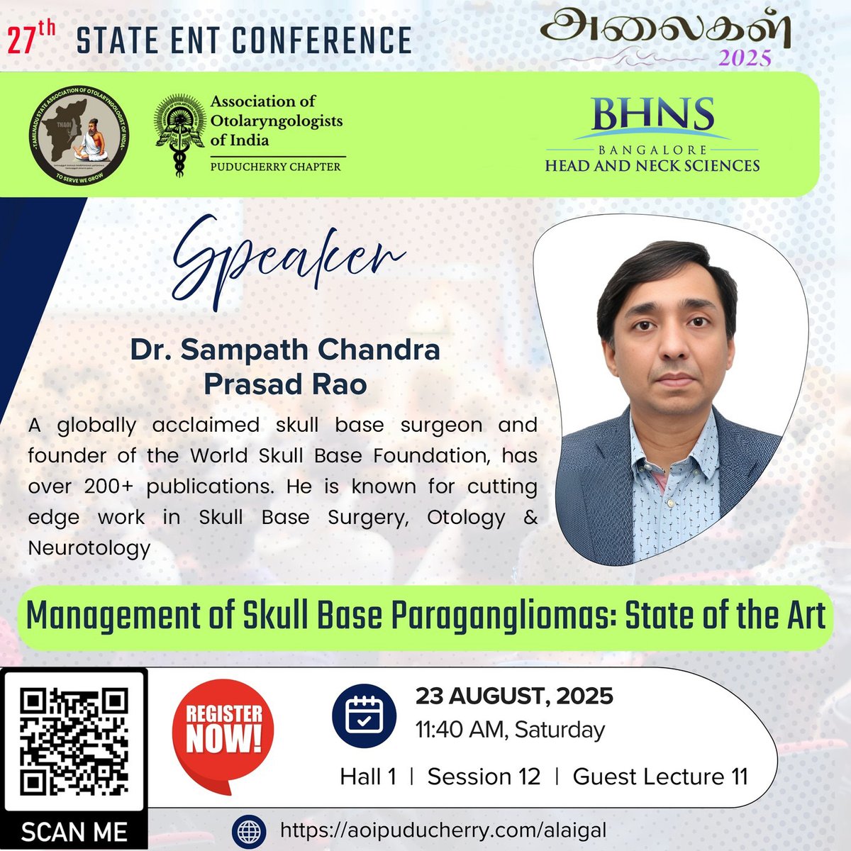 AadhyaHC's tweet photo. Dr. Sampath Chandra Prasad Rao, founder of the World Skull Base Foundation and a globally acclaimed skull base surgeon, will deliver a guest lecture at the 27th State ENT Conference, Puducherry.
Topic: “Management of Skull Base Paragangliomas: State of the Art” https://t.co/PqhMA1fE8b