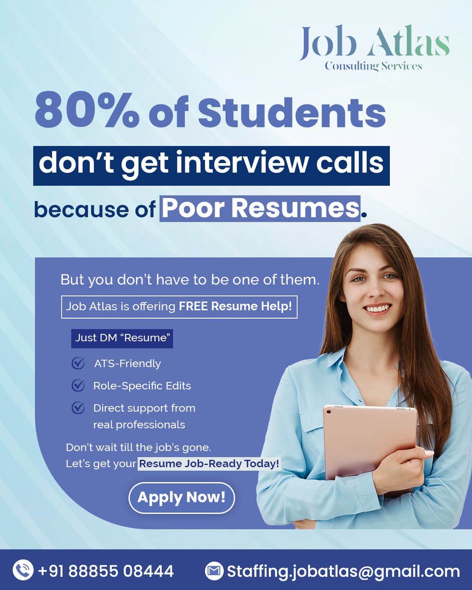 JobAtlas126790's tweet image. 🎓 80% of students miss interview calls because of poor resumes.
Don’t be one of them.
💥 Job Atlas is offering FREE Resume Help
✅ ATS-Friendly
✅ Role-specific edits
✅ Expert support

📩 DM “Resume” to get started!
#JobSearch #F1Students #OPTJobs