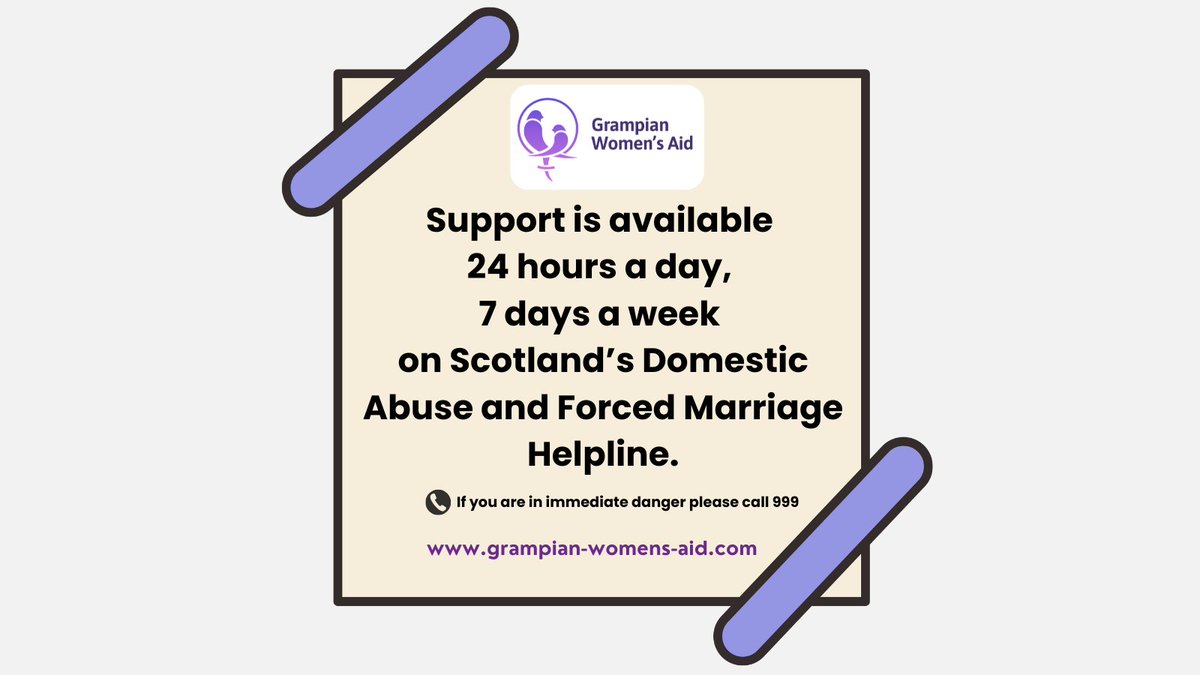 Grampian Women's Aid (@gwomensaid) on Twitter photo Scotland's Domestic Abuse & Forced Marriage Helpline is 24/7.
If you or someone else is worried about domestic abuse, Grampian Women’s Aid is here to help! 🌐 grampianwa.com📞 01224 593381 📧 info@grampianwa.com
🕘 Mon–Fri | 09:30–16:00 *IF IN DANGER, CALL 999* Scotland's Domestic Abuse & Forced Marriage Helpline is 24/7.
If you or someone else is worried about domestic abuse, Grampian Women’s Aid is here to help! 🌐 grampianwa.com📞 01224 593381 📧 info@grampianwa.com
🕘 Mon–Fri | 09:30–16:00 *IF IN DANGER, CALL 999*