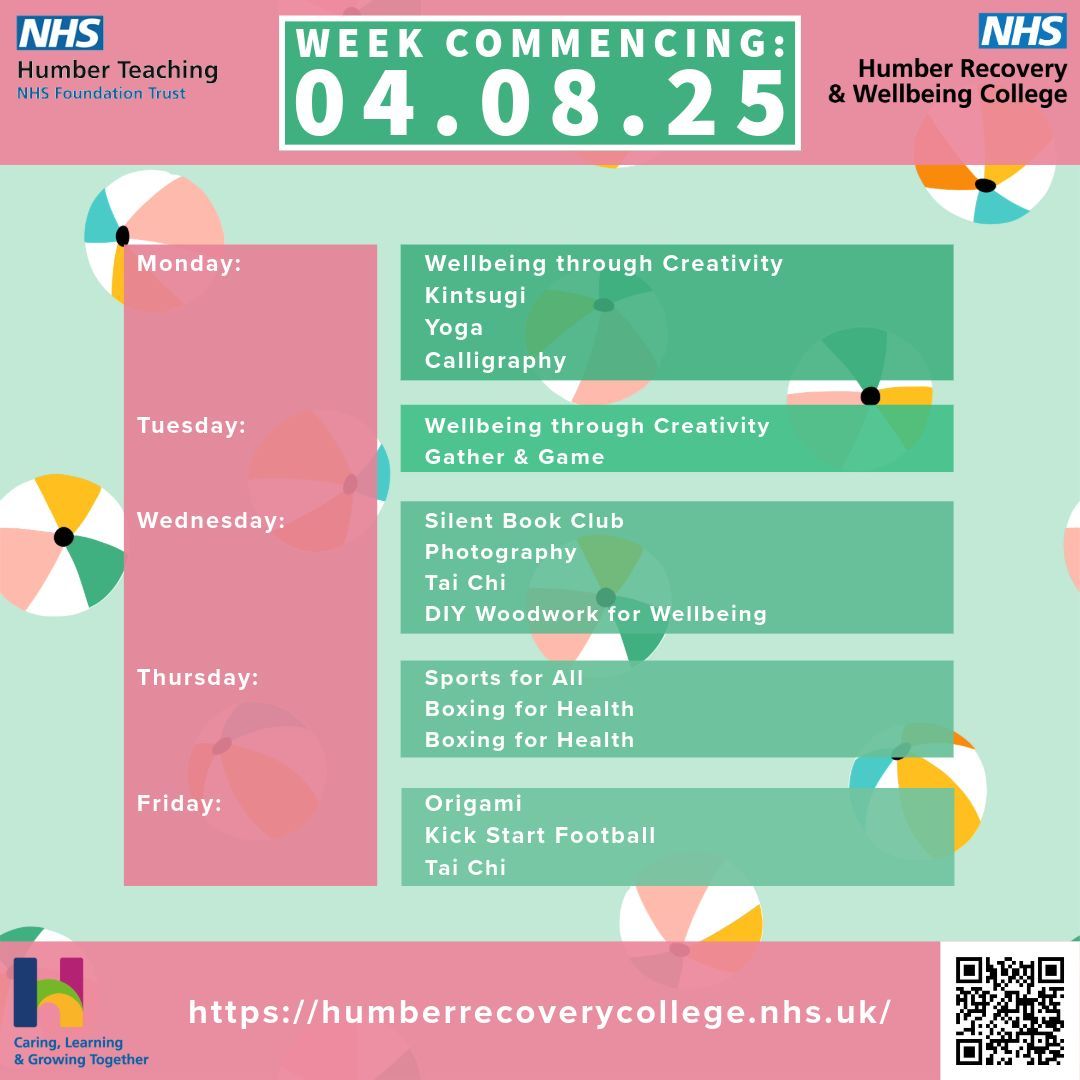 We've got a great selection of sessions on next week!

To avoid disappointment, make sure to register for all the sessions you want to attend - you can do this for free via our website: humberrecoverycollege.nhs.uk

#RecoveryAndWellbeingCollege #WhatsOnHull #WhatsOnBridlington
