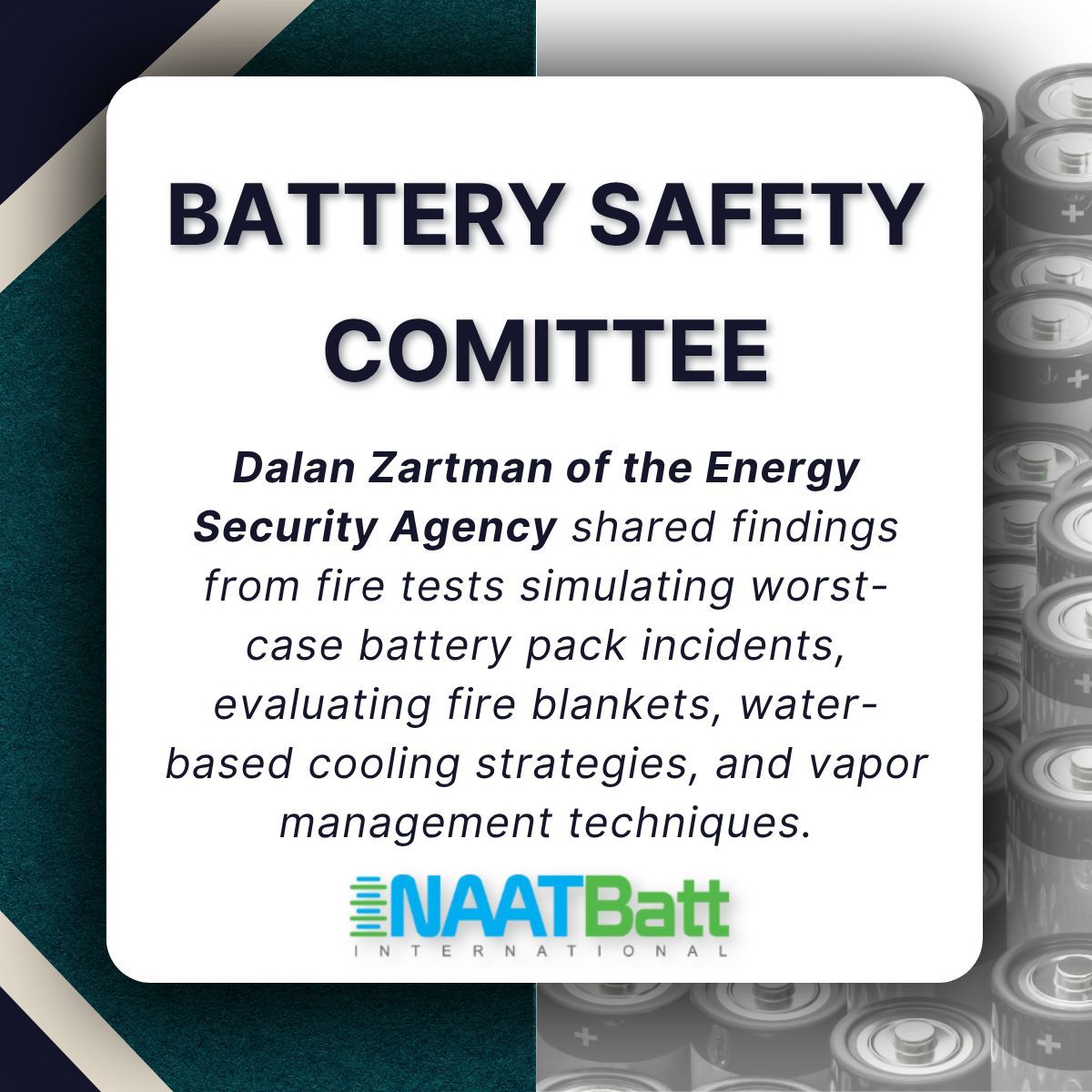 NAATBatt Battery Safety Committee update: 
EV fire suppression testing
Post-incident management
Thermal insulation solutions  
Join August meeting: naatbatt.org/join-a-committ…  
#BatterySafety #NAATBatt