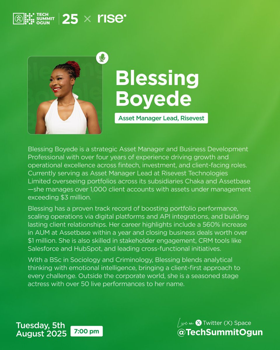 Tech pays, but are you building wealth?

On August 5, we are going live with <a href="/Officialmcbliz_/">Officialmcbliz 🤍</a> from Risevest to discuss how tech professionals can grow wealth no matter their income.

Time: 7 PM WAT
Live on X Spaces.
x.com/i/spaces/1OyJA…
#Risevest #TSO25 #SmartMoneyMoves