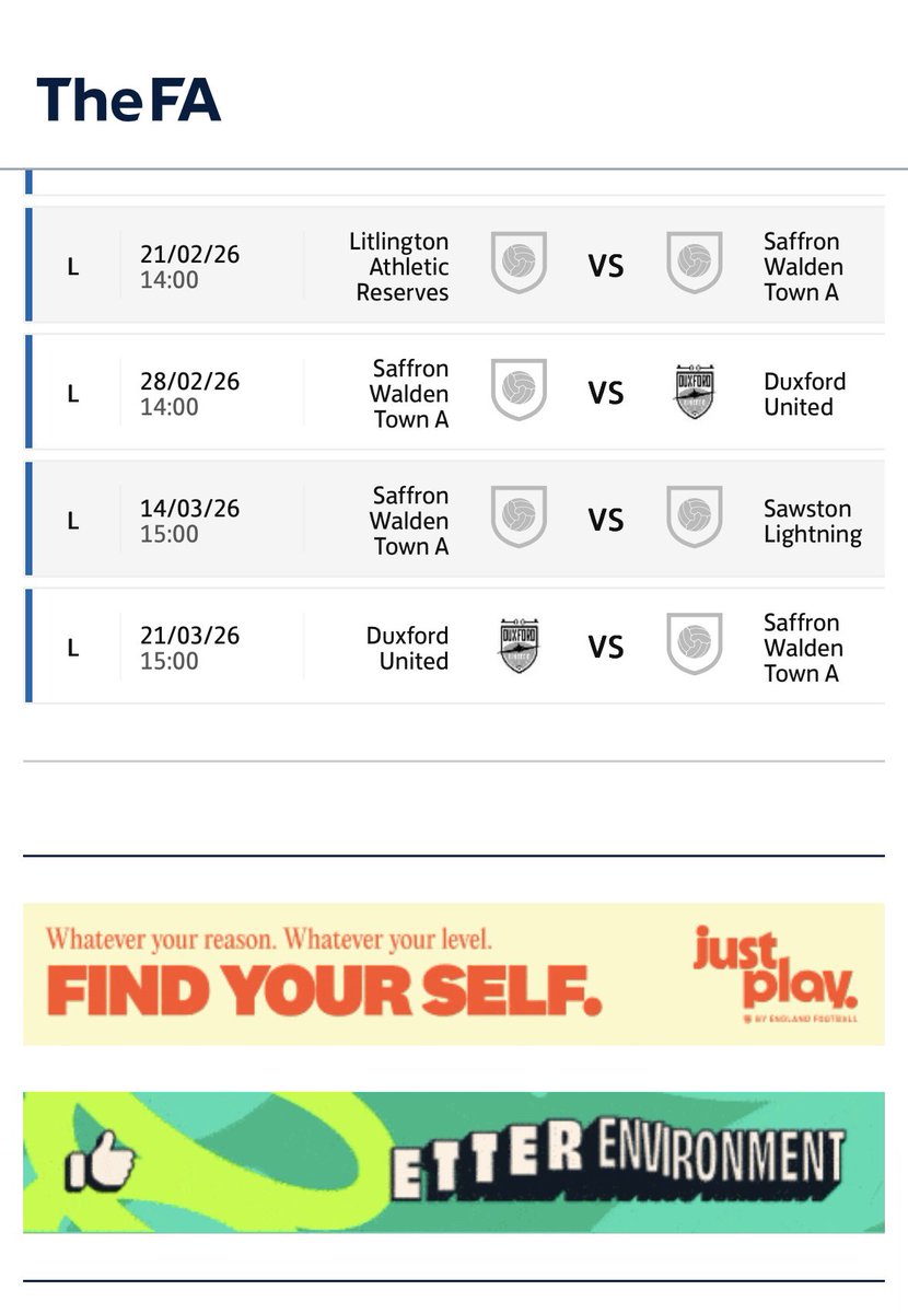 Here are your A Team fixtures for the upcoming 25/26 Cambridgeshire County 3A campaign, games to be played at Lime Avenue Playing Fields, CB10 2GE 🔴⚫️

Be great to see you all over supporting the lads as they look for back to back promotions at the first attempt 🔴⚫️
