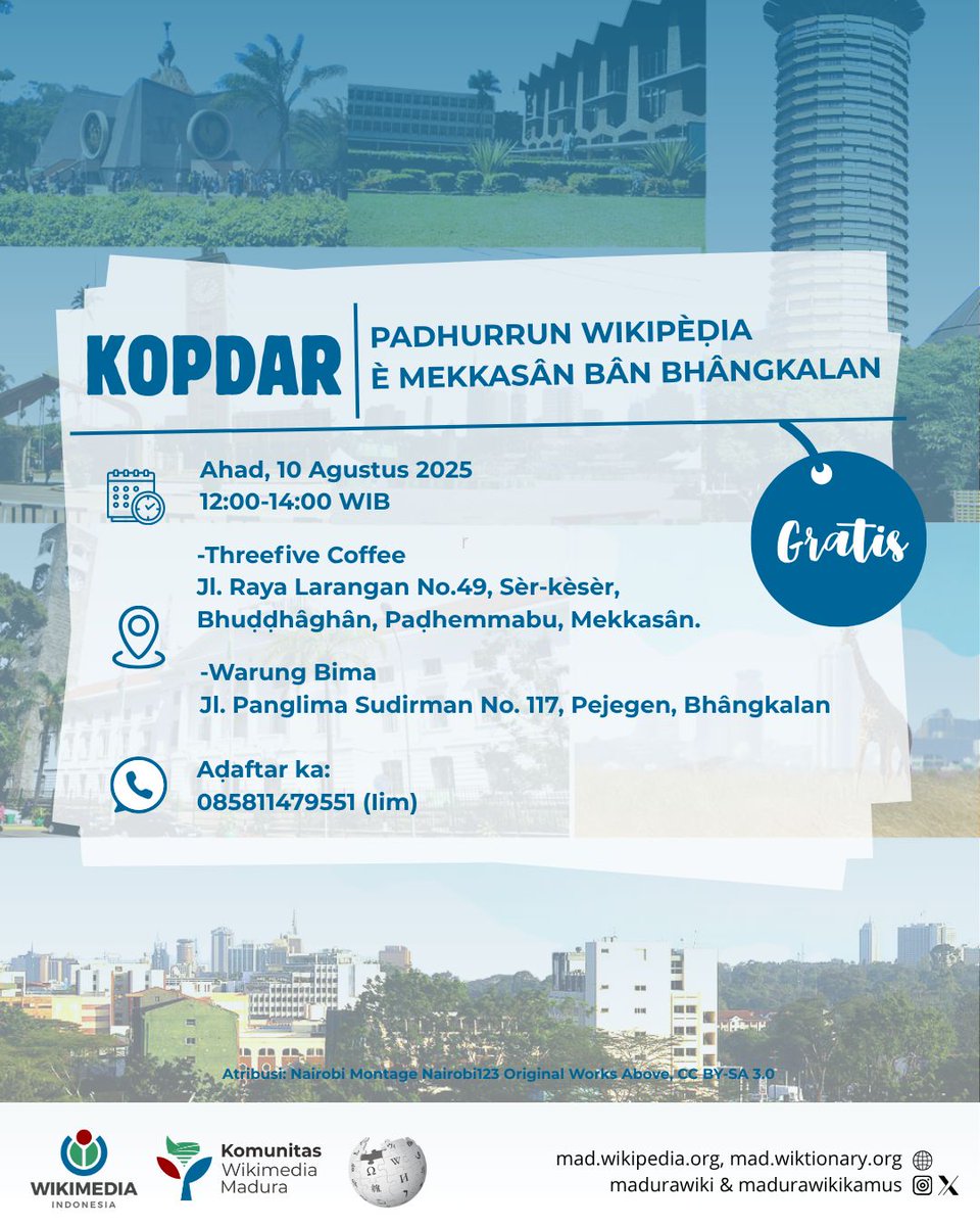 Wikipèḍia Bhâsa Madhurâ (@madurawiki) on Twitter photo Halo, Trètan Wiki. 👋 
È bulân Agustus rèya, Padhurrun Wikipèḍia Madhurâ bhâkal mabâḍâ Kopdar sarèng Trètan Wiki Mekkasân bân Bhângkalan. 🤩
Malar moghâ bâḍâna Kopdar rèya, Trètan Wiki Madhurâ bisa terros adhurrun è pan-brâmpan proyek Wikimèdia Madhurâ. 💕 Halo, Trètan Wiki. 👋 
È bulân Agustus rèya, Padhurrun Wikipèḍia Madhurâ bhâkal mabâḍâ Kopdar sarèng Trètan Wiki Mekkasân bân Bhângkalan. 🤩
Malar moghâ bâḍâna Kopdar rèya, Trètan Wiki Madhurâ bisa terros adhurrun è pan-brâmpan proyek Wikimèdia Madhurâ. 💕