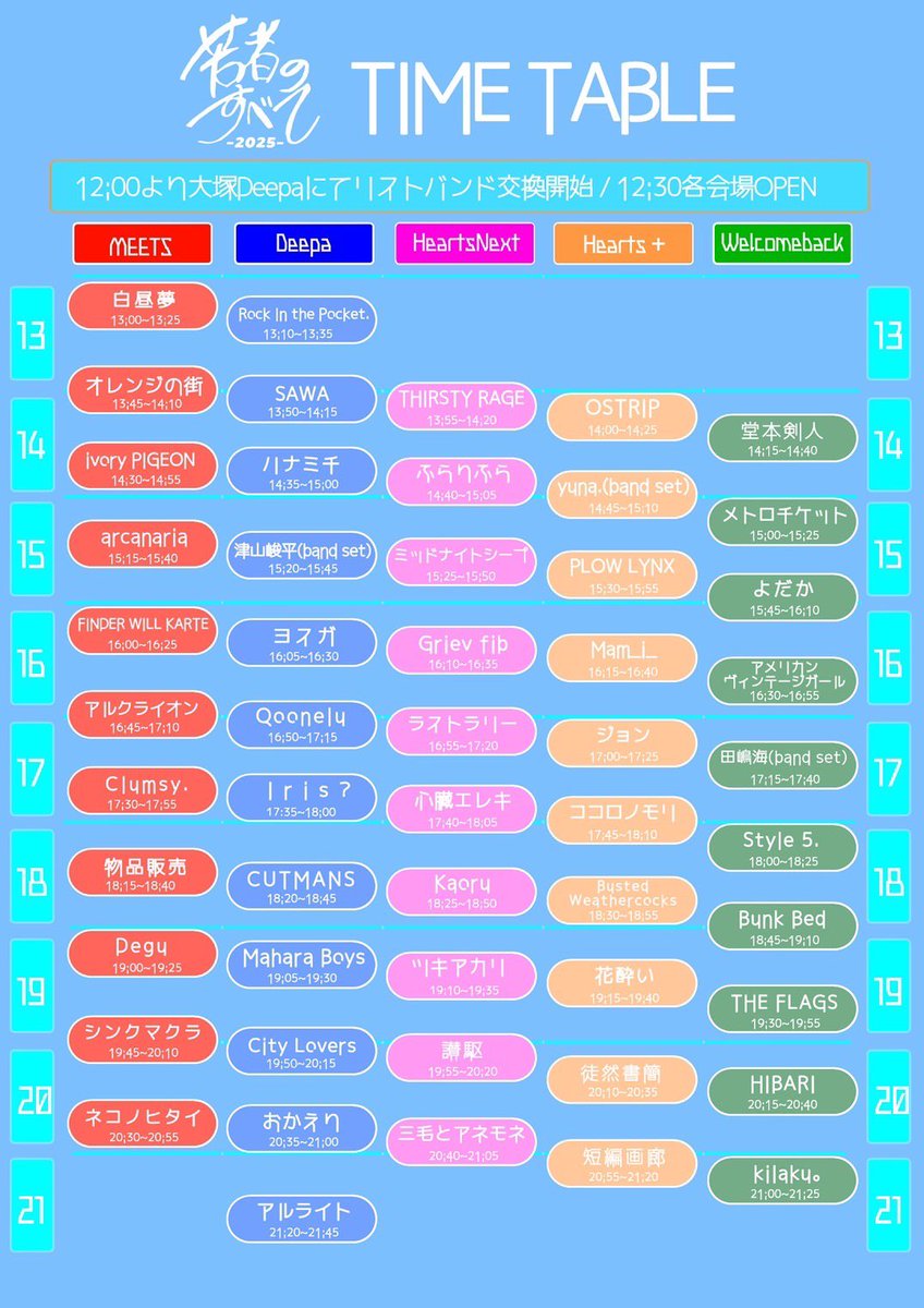 🫧🐠タイムテーブル解禁🐠🫧

『若者のすべて2025』

2025年8月15日(金)
東京 大塚 全5会場
OP/ST 12:30/13:00
リストバンド交換は大塚Deepa12:00〜

我々は大塚HeartsNext 16:10〜🍉

🎫
学割 ¥2,000
前売 ¥3,000
当日各+¥500
(+1D¥700)

チケットはこちらから購入できます🌟
t.livepocket.jp/e/zhwc4