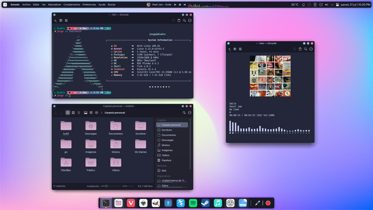 #ViernesDeEscritorio #GNU #Linux  Arch linux, plasma, tema Scratchy, links en mi blog seduccionlinux.wordpress.com/itchy-y-scratc…