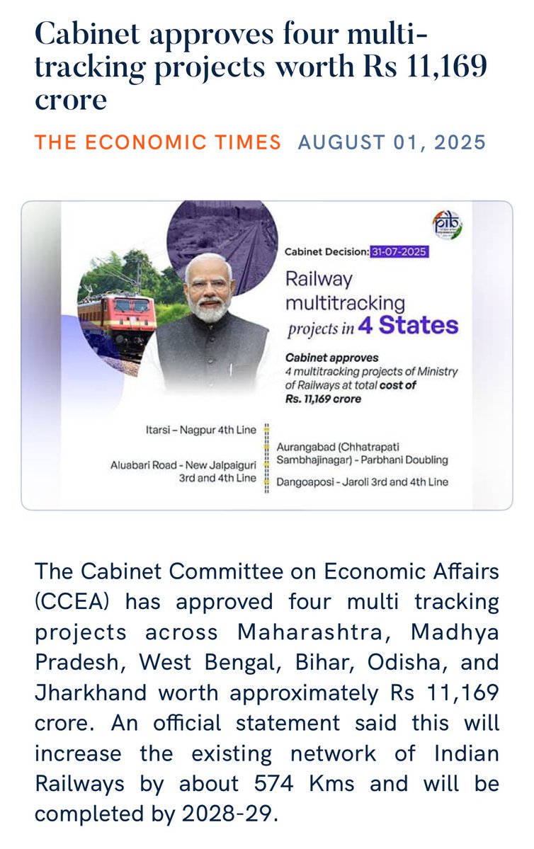 Cabinet approves four multi-tracking projects worth Rs 11,169 crore
 economictimes.indiatimes.com/industry/trans…

via NaMo App