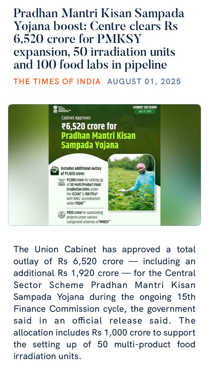 Pradhan Mantri Kisan Sampada Yojana boost: Centre clears Rs 6,520 crore for PMKSY expansion, 50 irradiation units and 100 food labs in pipeline
 timesofindia.indiatimes.com/business/india…

via NaMo App