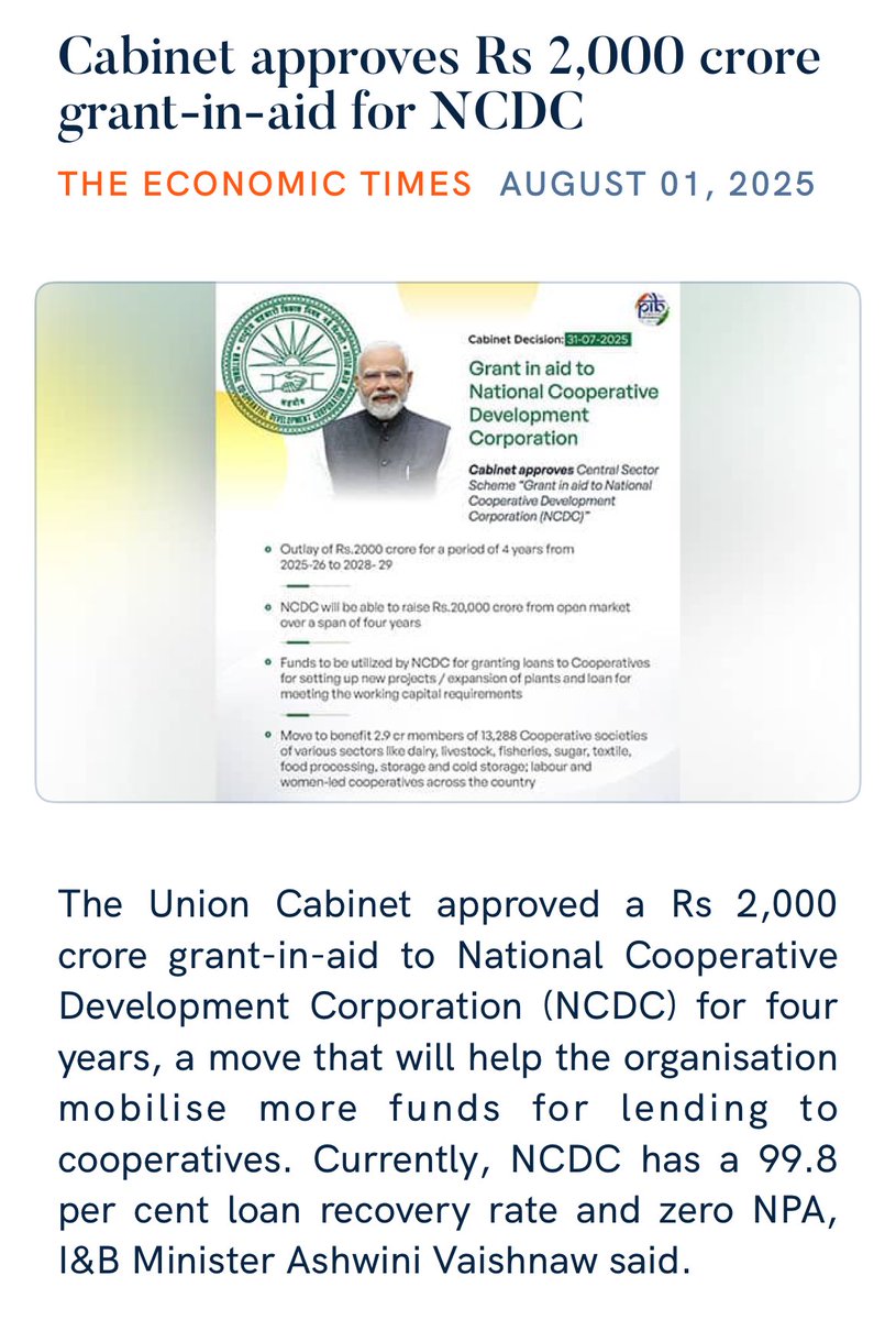 Cabinet approves Rs 2,000 crore grant-in-aid for NCDC
 economictimes.indiatimes.com/news/economy/f…

via NaMo App