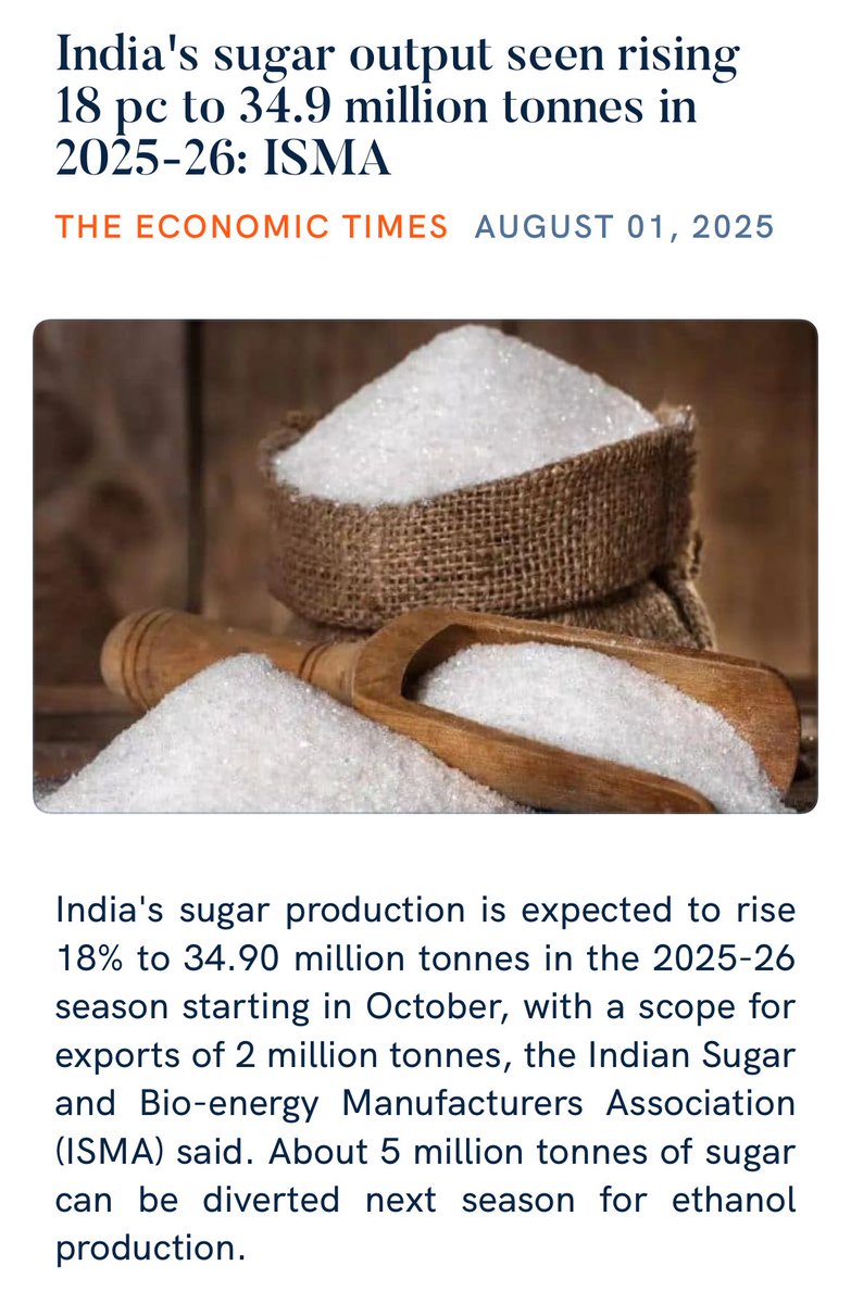 India's sugar output seen rising 18 pc to 34.9 million tonnes in 2025-26: ISMA
 economictimes.indiatimes.com/news/economy/a…

via NaMo App
