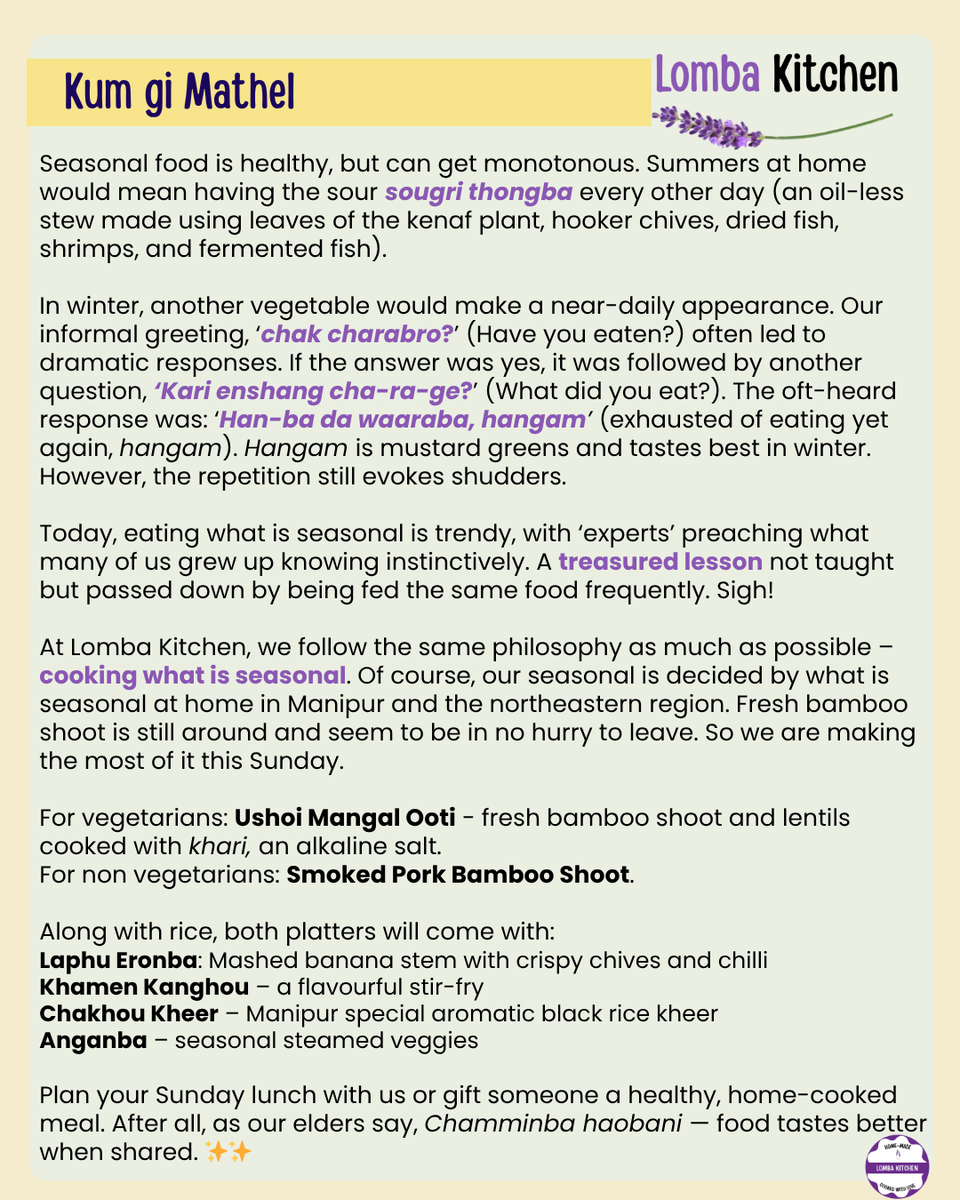LombaKitchen's tweet photo. ✨✨We  are back with another meal! We try to cook what is seasonal as often as possible. Continuing with that effort, our Sunday lunch will feature fresh bamboo shoot. There will be veg &amp; non veg meals and portions too.

Pls prebook your Sunday lunch! 
Call/WhatsApp: 8798394538 https://t.co/Hk59CJXcym