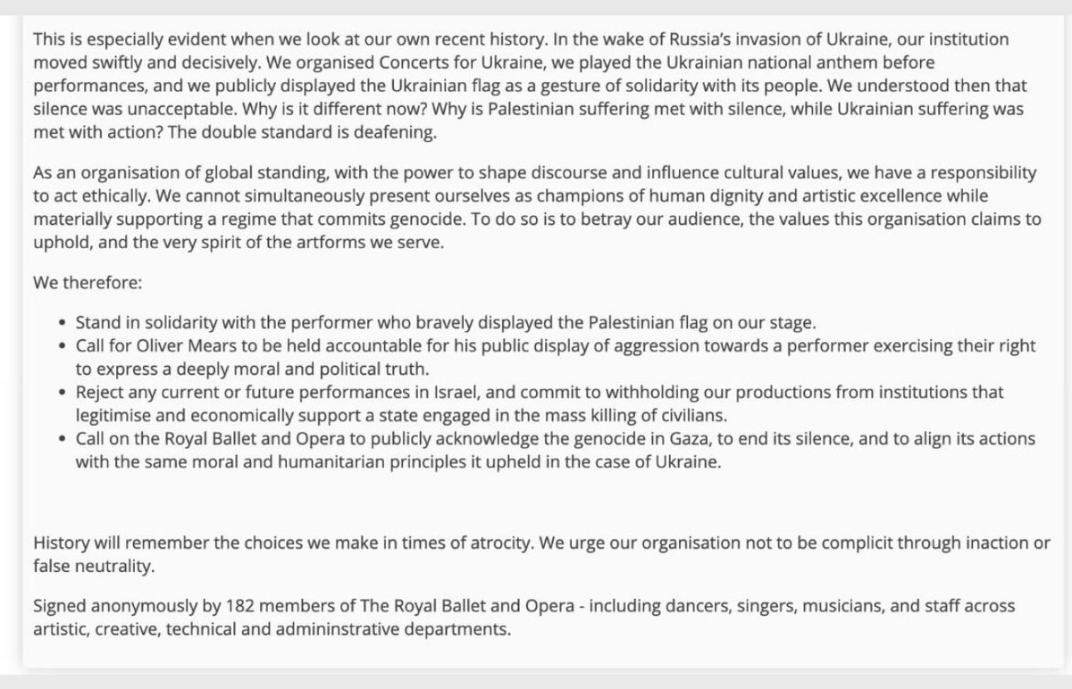 182 members of staff at the Royal Opera House have written an open letter criticising Oliver Mears for aggressively trying to snatch a Palestinian flag from a performer during a curtainn call, and criticising both Mears and the Royal Opera for supporting Israeli Opera. 🇵🇸🇵🇸🇵🇸
