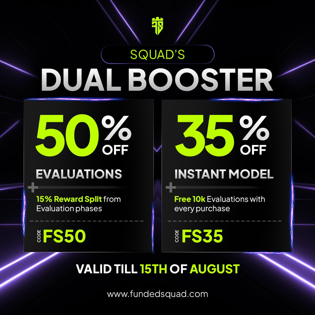 The Squad just got their biggest boost yet. And the clock is ticking…

50% OFF Evaluations + 15% Extra Bonus from your evaluation phases*

35% OFF Instant Model + FREE 10K Evaluation with every purchase

Use codes: FS50 &amp; FS35

Traders are jumping in - fast funding, instant