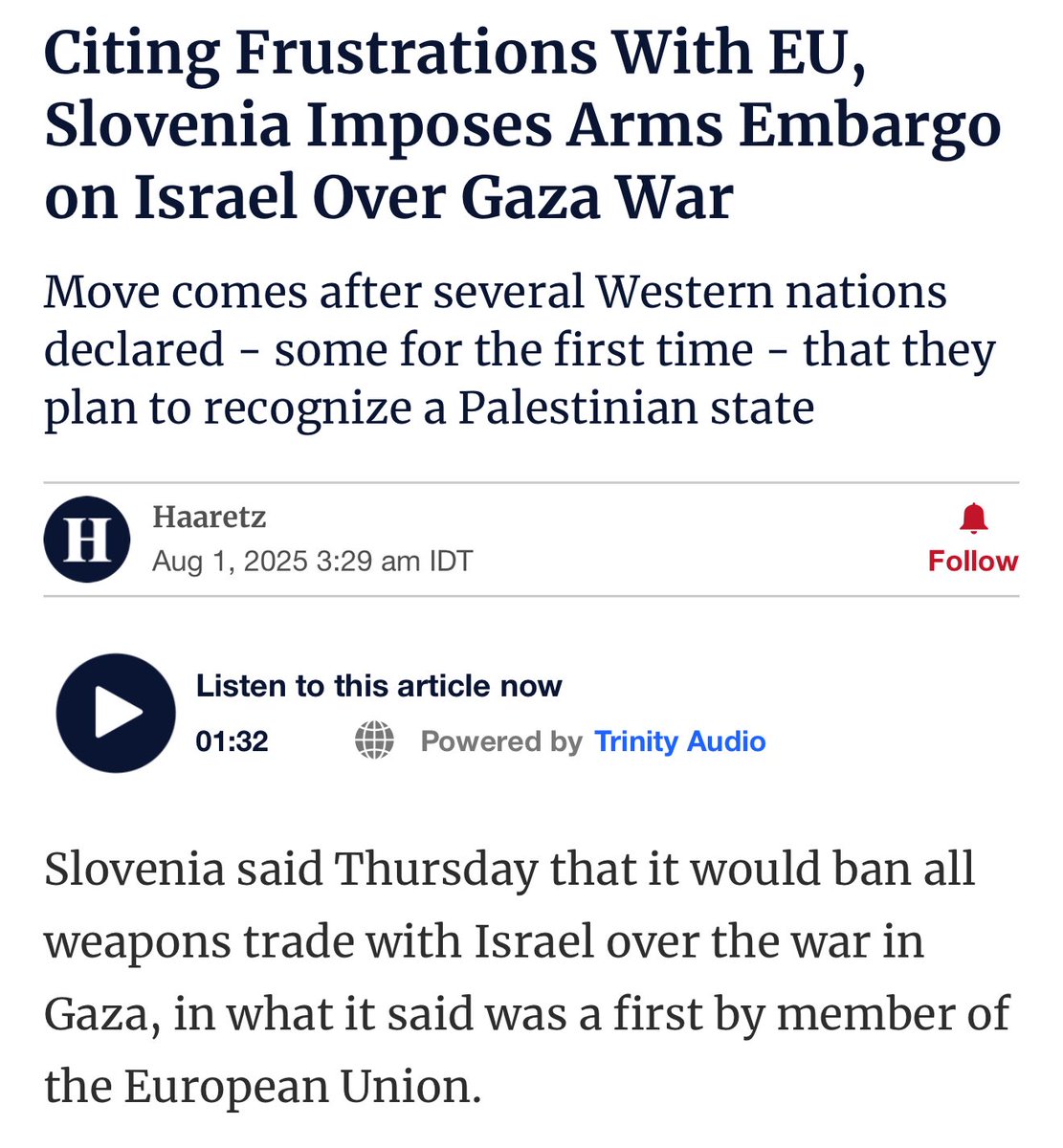 Slovenia has decided to bypass the war criminals Ursula <a href="/vonderleyen/">Ursula von der Leyen</a> and <a href="/kajakallas/">Kaja Kallas</a> by declaring a unilateral arms embargo on the genocidal Israel entity.

Slovenia is the first EU state to take this step.

Bravo!

#gaza #genocide