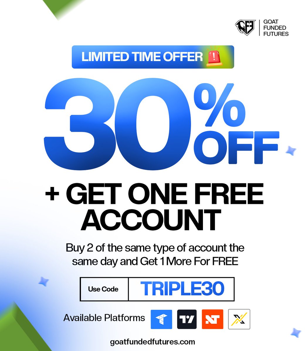 🚨 LIMITED TIME – TRIPLE30 IS LIVE! 🚨

⚡ Get 30% OFF ANY plan
🔥 Buy 2, Get 1 FREE — same day, same type!

🎟️ Use Code: TRIPLE30
👉 checkout.goatfundedfutures.com/aff/196/

Stack more. Risk less. Scale fast.