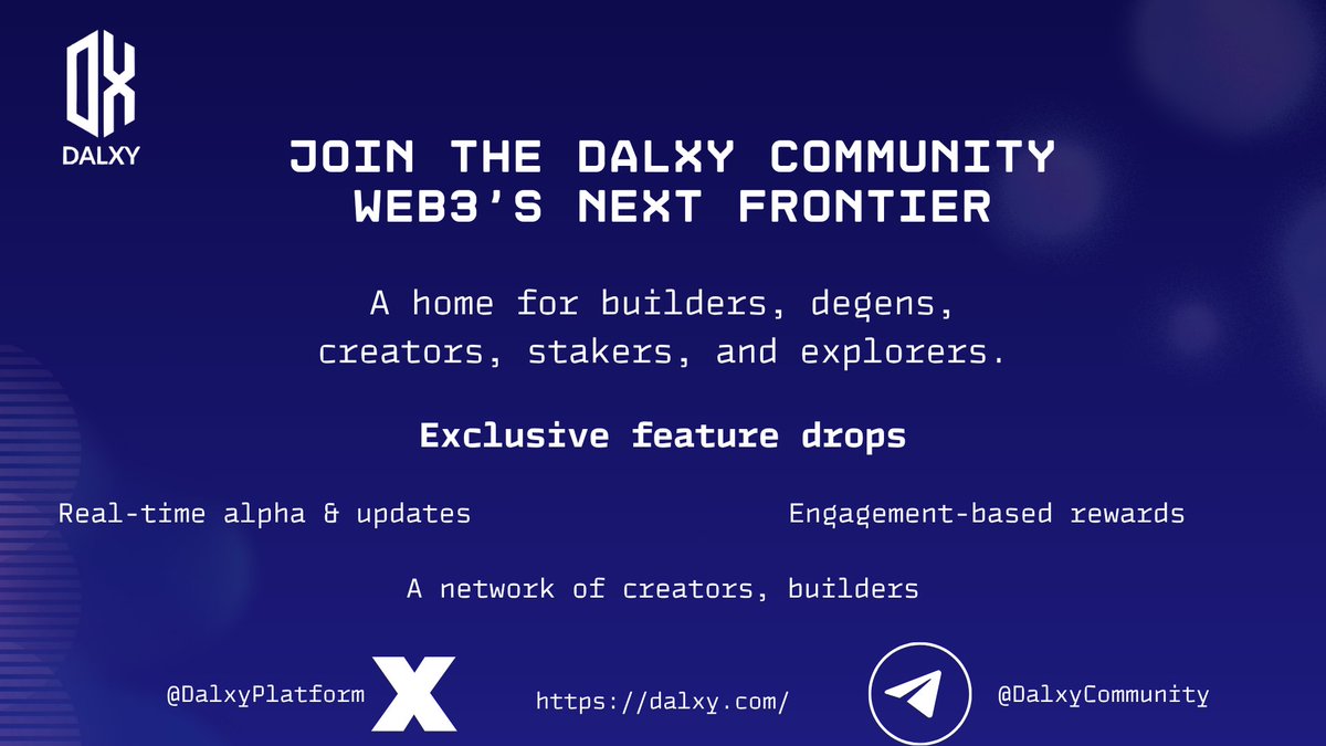 #Web3 citizens, #Dalxy is calling

Whether you're building, minting, swapping, socializing, growing communities, exploring Web3, providing services or staking

Be where the future is being built

X :x.com/i/communities/…
Discord: discord.com/invite/gmmVUYG…
Telegram: