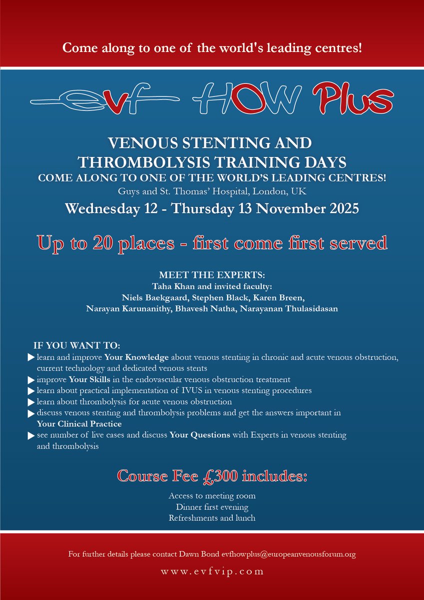 A New EVF HOW Plus Course London 12-13 November 2025.

Venous Stenting and Thrombolysis Training Days, at Guys and St. Thomas' Hospital London at one of the World's leading Centres.

Book online now!

evfvip.com/bookings/