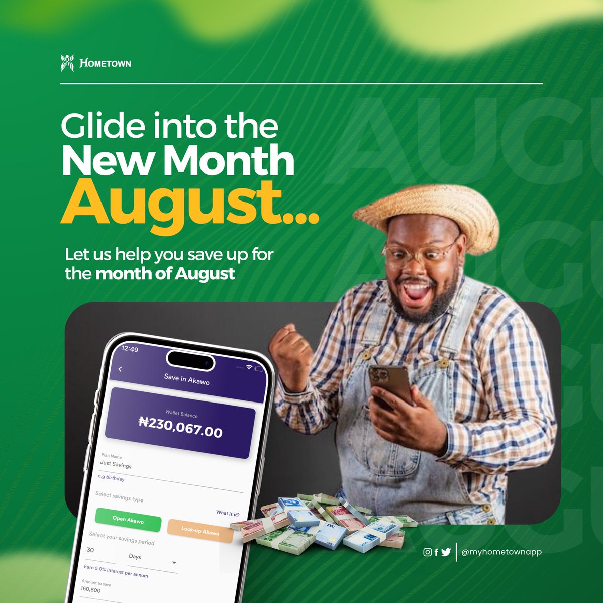 myhometownapp's tweet photo. Yay! It’s a new month! Welcome to the month of August! 🥳✨

Kick off your savings journey with Hometown in the month of August, and set yourself on the path to finance independence. 

Download the Hometown app and manage your finances from the comfort of your home.📲 https://t.co/g9kRRL9Rh8