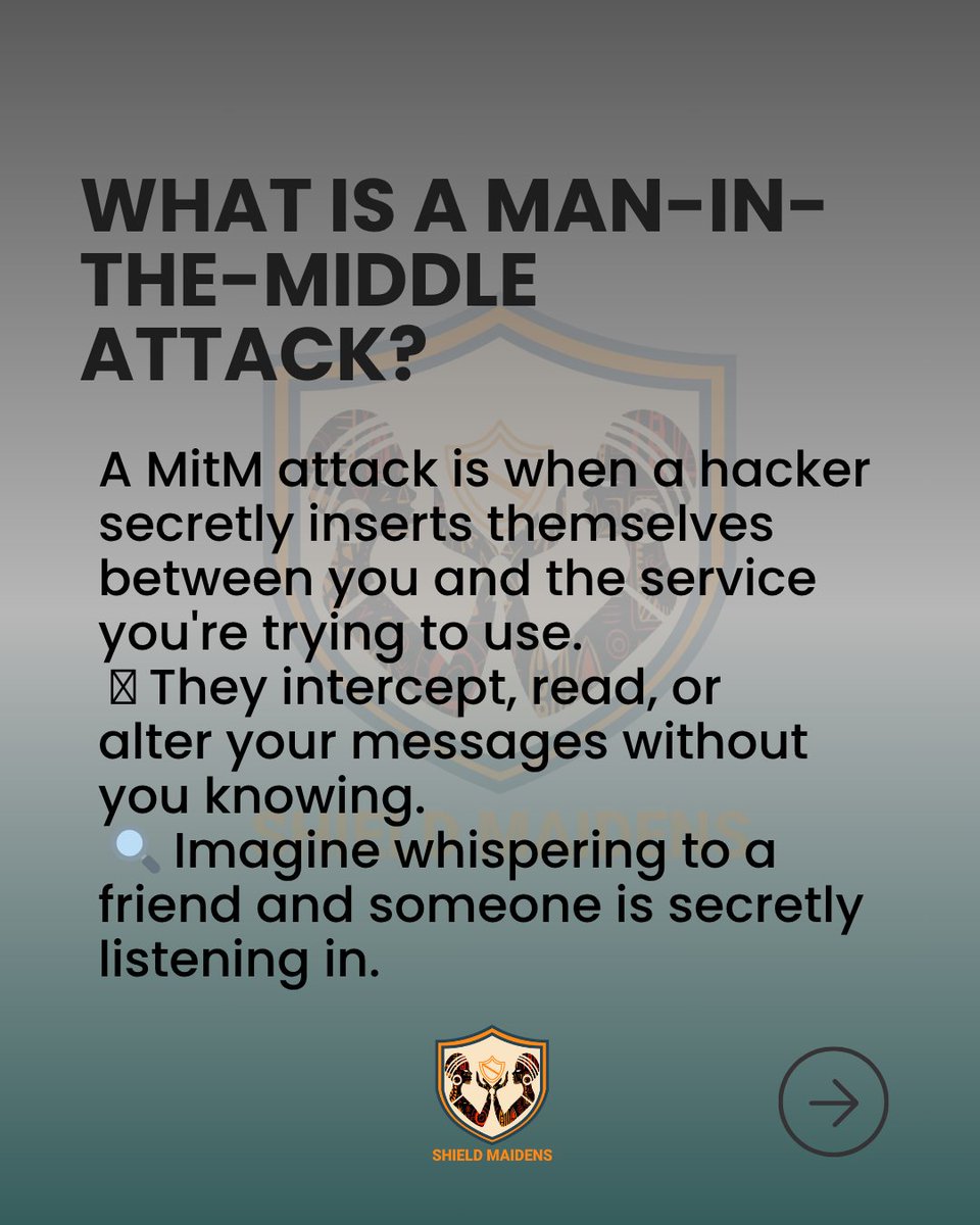 _shield_maidens's tweet image. Someone intercepting your private chats and data?
That’s not a glitch. That’s a Man-in-the-Middle attack.
Stay alert. Stay secure.

#Maninthemiddle
#TFGBV
#ShieldMaidens
#DigitalSafety