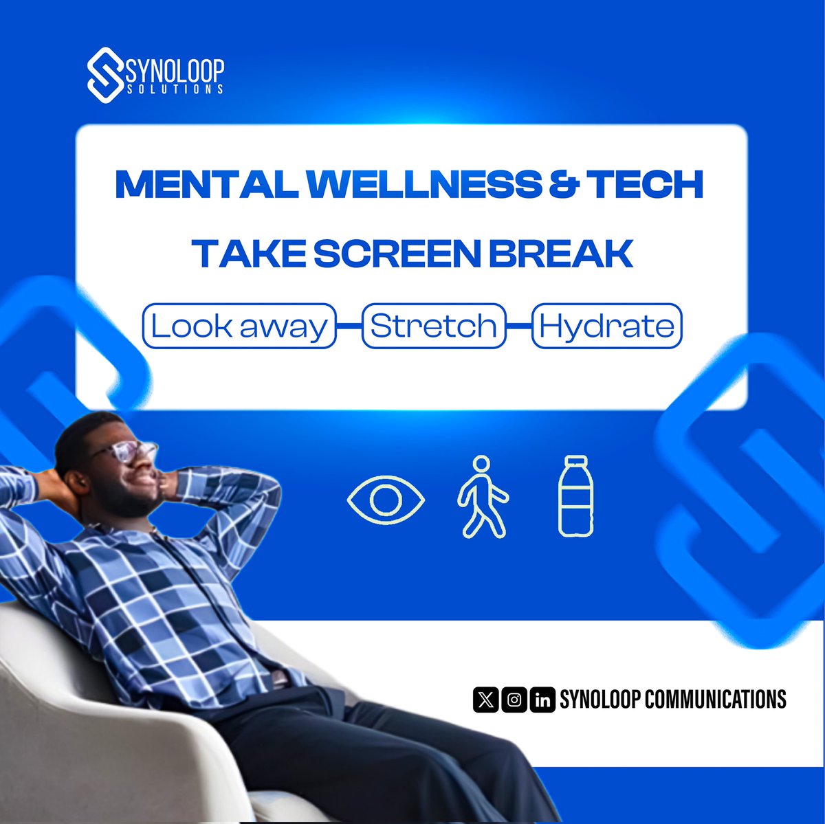 SynS_services's tweet image. Staring at a screen all day?
🔁 Take a break every 2 hours.
👀 Look away
🚶🏽♂️ Move a little
💧 Drink water
Small steps, big boost for your mind.
#MentalWellness #TechTips #SynoloopSolutions