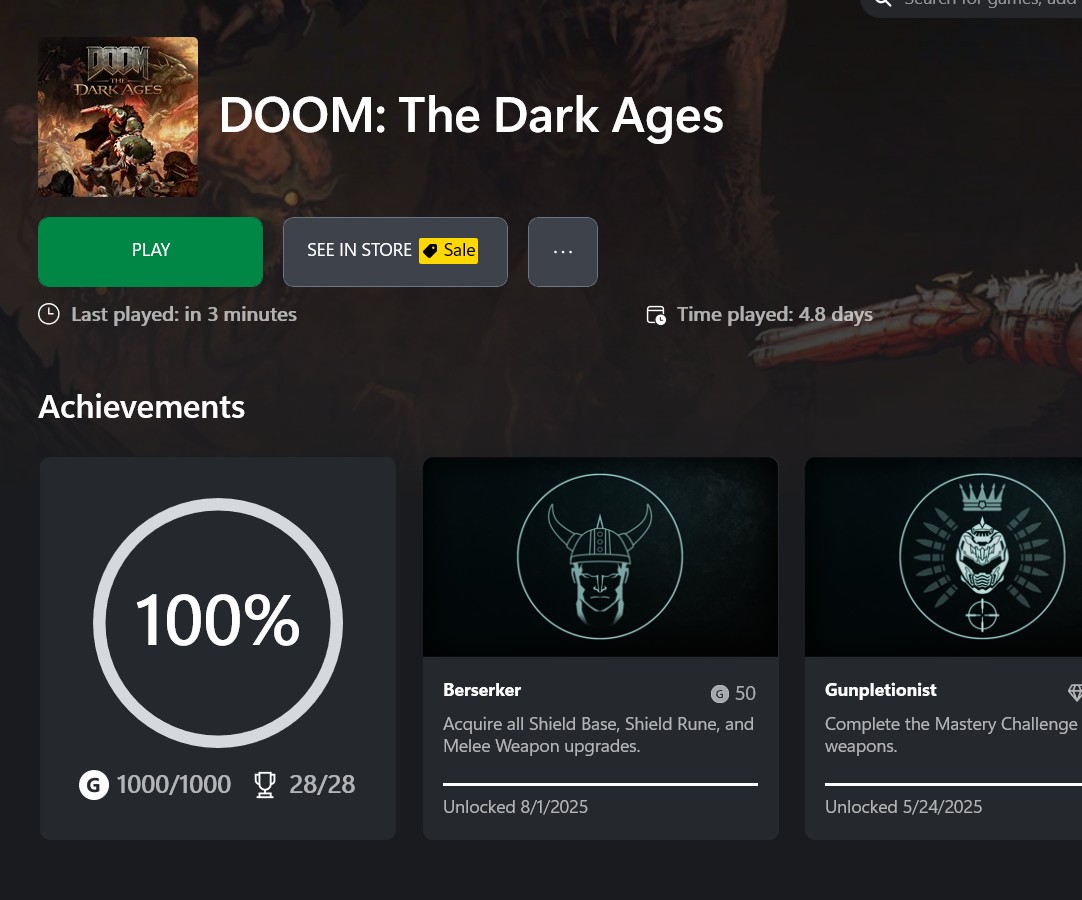 Siii! Al fin se desglitcheó el achievement para el 100% de Doom: The Dark Ages!!! 🎊🎊🎉🎉