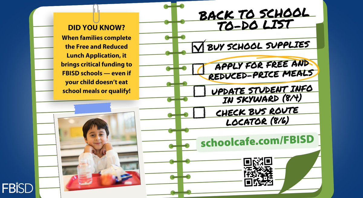 📋✅ Have you checked off applying for free and reduced meals from your back-to-school list?

When families complete the Free and Reduced-Price Lunch Application, it brings critical funding to FBISD schools, even if your child doesn’t eat school meals or qualify!

It’s a small