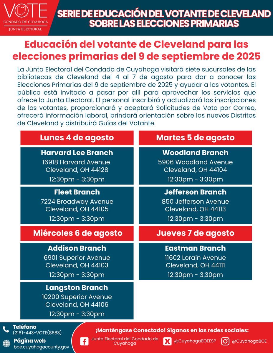 La próxima semana, la Junta Electoral estará en las siguientes bibliotecas de Cleveland para informar a los votantes sobre las elecciones primarias del 9 de septiembre.