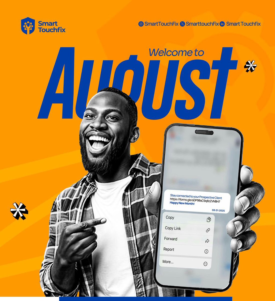 SmarttouchFix's tweet image. Welcome to August! 🌟
At Smart Touchfix, we’re excited to kick off a brand new month with you!
Join this global moving train 🚂 

Visit: smarttouchfix.com