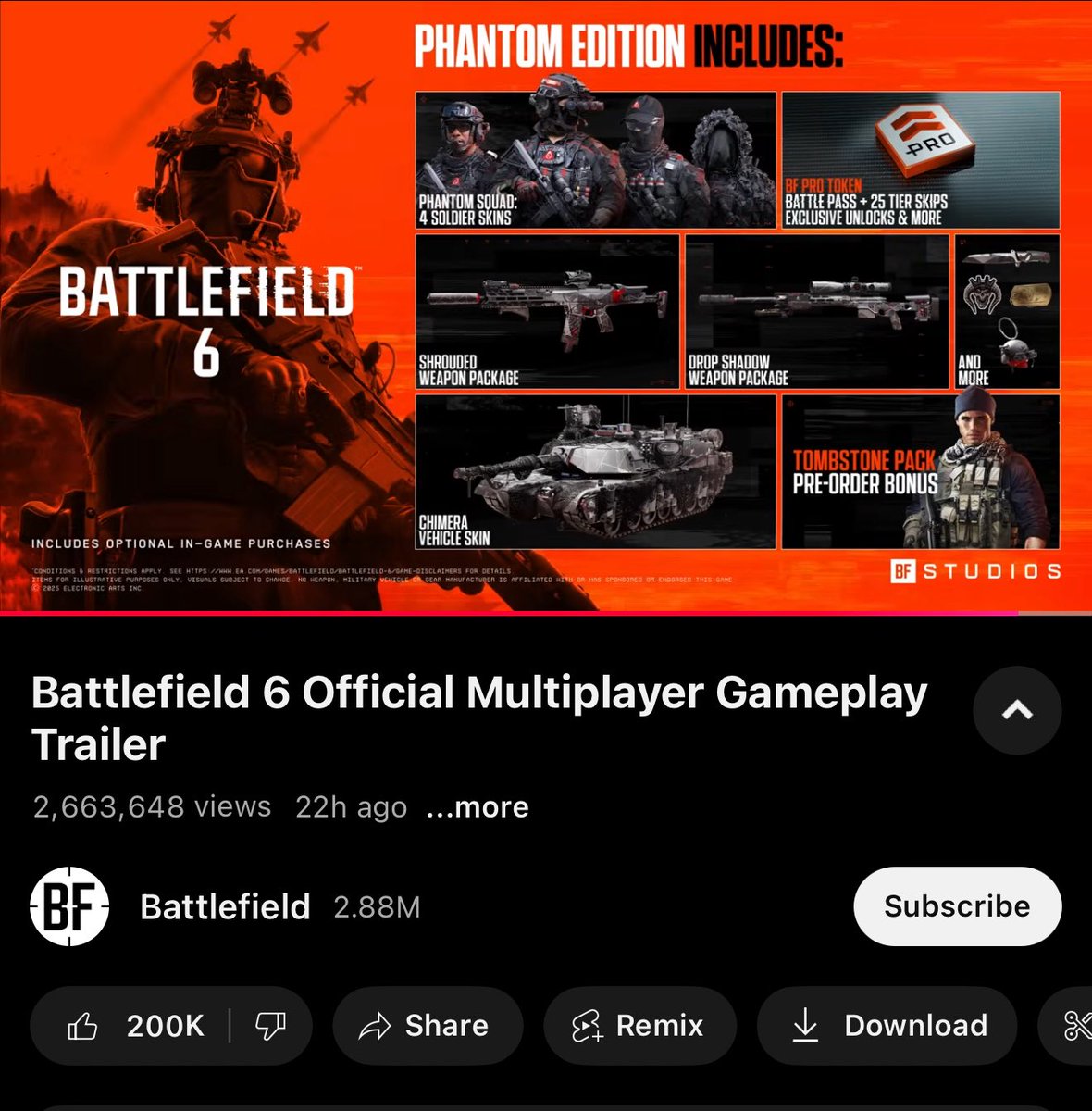 The Black Ops 7 trailer has 40M views and 142k likes in 1 month.

The Battlefield 6 trailer has 2.6M views and 200k likes in 22 hours.

Feel how you will about that.