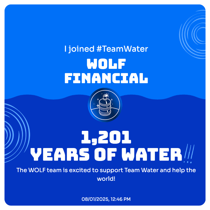 WOLF_Financial's tweet photo. The WOLF Team is excited to have teamed up with @MrBeast to donate 1,201 years of clean water to those in need!

Be the change you want to see in the world at #TeamWater 

Donate here: https://t.co/2uRDRg92Wk https://t.co/LdsO303WMz