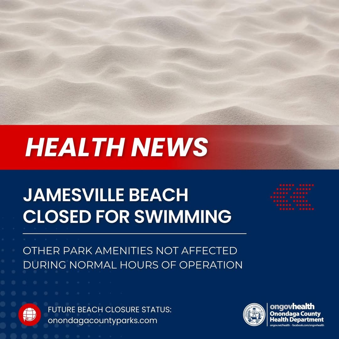CLOSURE ALERT: Jamesville Beach has been closed for swimming by the <a href="/OnondagaCounty/">Onondaga County</a> Health Department until further notice due to the presence of an algal bloom. More information: onondagacountyparks.com/about/water-qu… #OnondagaCounty