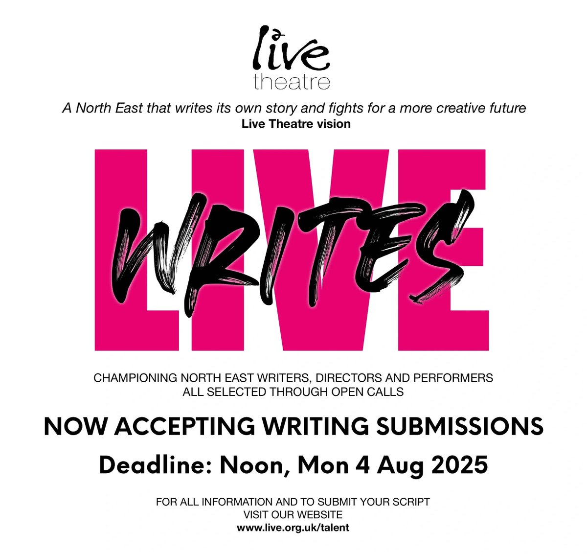 #REMINDER ⏰
The deadline for #writers to apply for our next #LiveWrites event is Noon this coming Mon 4 Aug 2025.  If you've got a short play that you'd like to see brought to life on our main stage apply asap at live.org.uk/live-writes