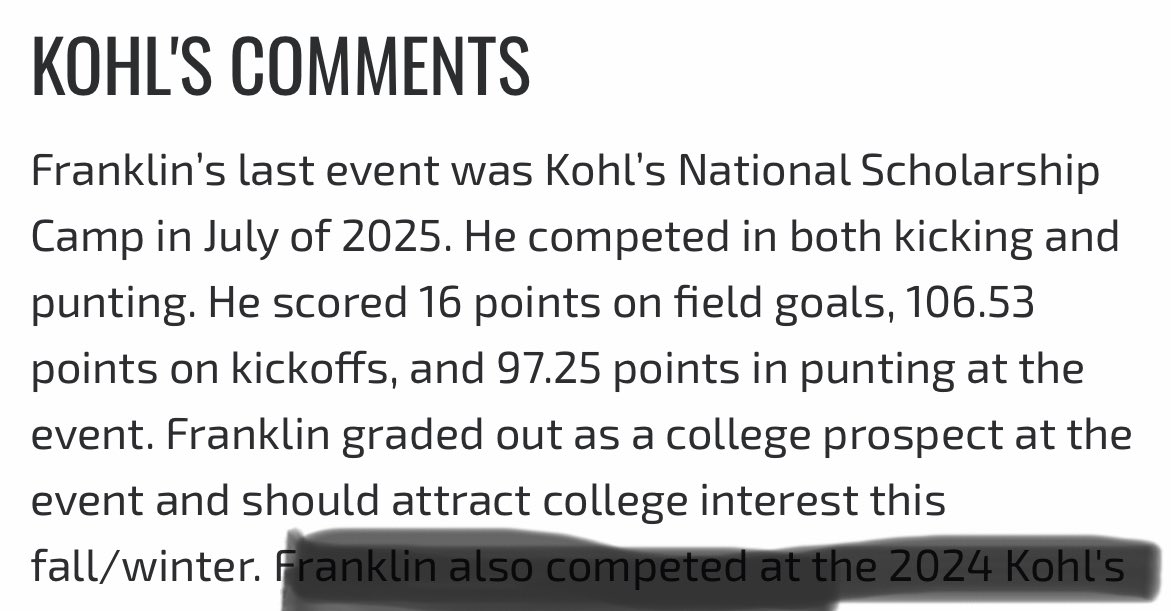 Brock Franklin (@brockfranklin07) on Twitter photo After a great showing at the Kohls NSC I was able to get my punting ranking up to a 4.5 βοΈ being the number 2 combo in SC. My 2 biggest punts from the weekend were 49 4.49 and 56 4.19. My biggest kickoff was 74 3.75 and longest field goal was 57. <a href="/CoachGiugliano/">Anthony Giugliano</a> After a great showing at the Kohls NSC I was able to get my punting ranking up to a 4.5 βοΈ being the number 2 combo in SC. My 2 biggest punts from the weekend were 49 4.49 and 56 4.19. My biggest kickoff was 74 3.75 and longest field goal was 57. <a href="/CoachGiugliano/">Anthony Giugliano</a>