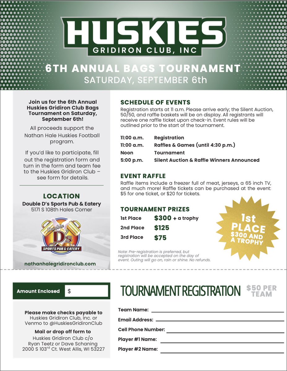 🎉 It’s back! The 6th Annual Huskies Gridiron Club Bags Tourney!
📍Double D’s | 🗓️ Sept 6 | 🕛 Bags fly at 12PM

🎯 Prizes
🎟️ Raffles
🍻 Drinks &amp; food
🔥 Fun for a cause!

Register now, spots fill fast! 
#HuskiesFootball #SupportTheHuskies #HalePride