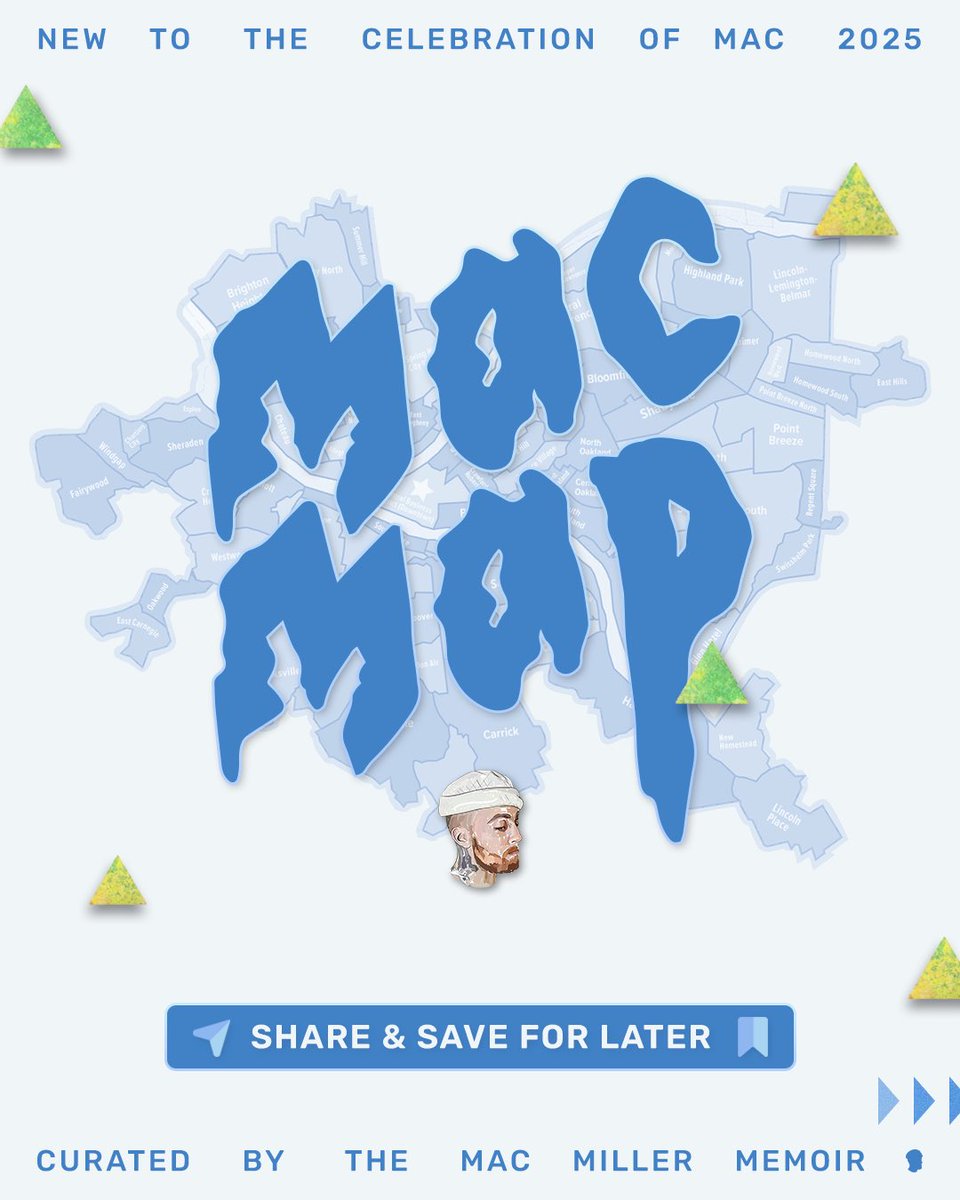 MacMillerMemoir's tweet photo. THE MAC MAP 🗺️: A new addition to The Celebration Of Mac 2025.

📌 Wristbands will be given out to all ticket holders at the Celebration Of Mac after party on Saturday (8/30). A limited amount of wristbands will be available during the day-time event at Blue Slide Park for those who aren’t attending the after party.

📌 Discounts at participating locations are only available on Sunday (8/31) with eligible wristbands.

We do not get any commission from the discounts offered by participating locations.