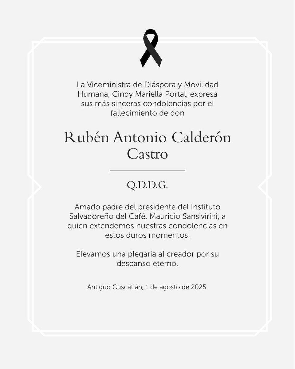 Cindy Mariella Portal (@cindyportal) on Twitter photo Expreso mis más sinceras condolencias al Lic. Mauricio Sansivirini, presidente del <a href="/ISCafe_SV/">Instituto Salvadoreño del Café</a>, por el sensible fallecimiento de su querido padre.
Que Dios le brinde fortaleza a él y a su familia en este difícil momento.
Q.E.P.D. Expreso mis más sinceras condolencias al Lic. Mauricio Sansivirini, presidente del <a href="/ISCafe_SV/">Instituto Salvadoreño del Café</a>, por el sensible fallecimiento de su querido padre.
Que Dios le brinde fortaleza a él y a su familia en este difícil momento.
Q.E.P.D.