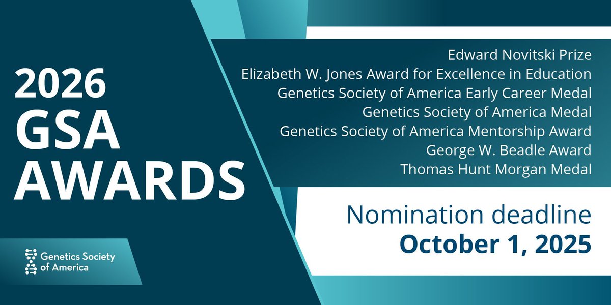 GeneticsGSA's tweet image. 🏆 Nominations are open for the 2026 GSA Awards! Honor excellence in genetics across all career stages—creativity, mentorship, education, and more. Self-nominations welcome!
⏰ Deadline: Oct 1, 2025
🧬 Nominate now: buff.ly/iS9TtIV