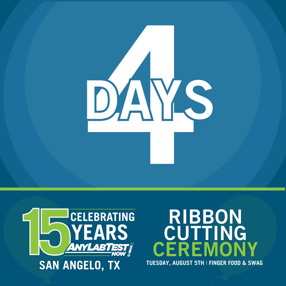 AnyLabTestSJT's tweet image. Only 4 days left. Come join the fun on 8/5 for our Ribbon Cutting. #RibbonCutting #AnyLabTestsNowSanAngelo #15yearsstrong #August5th